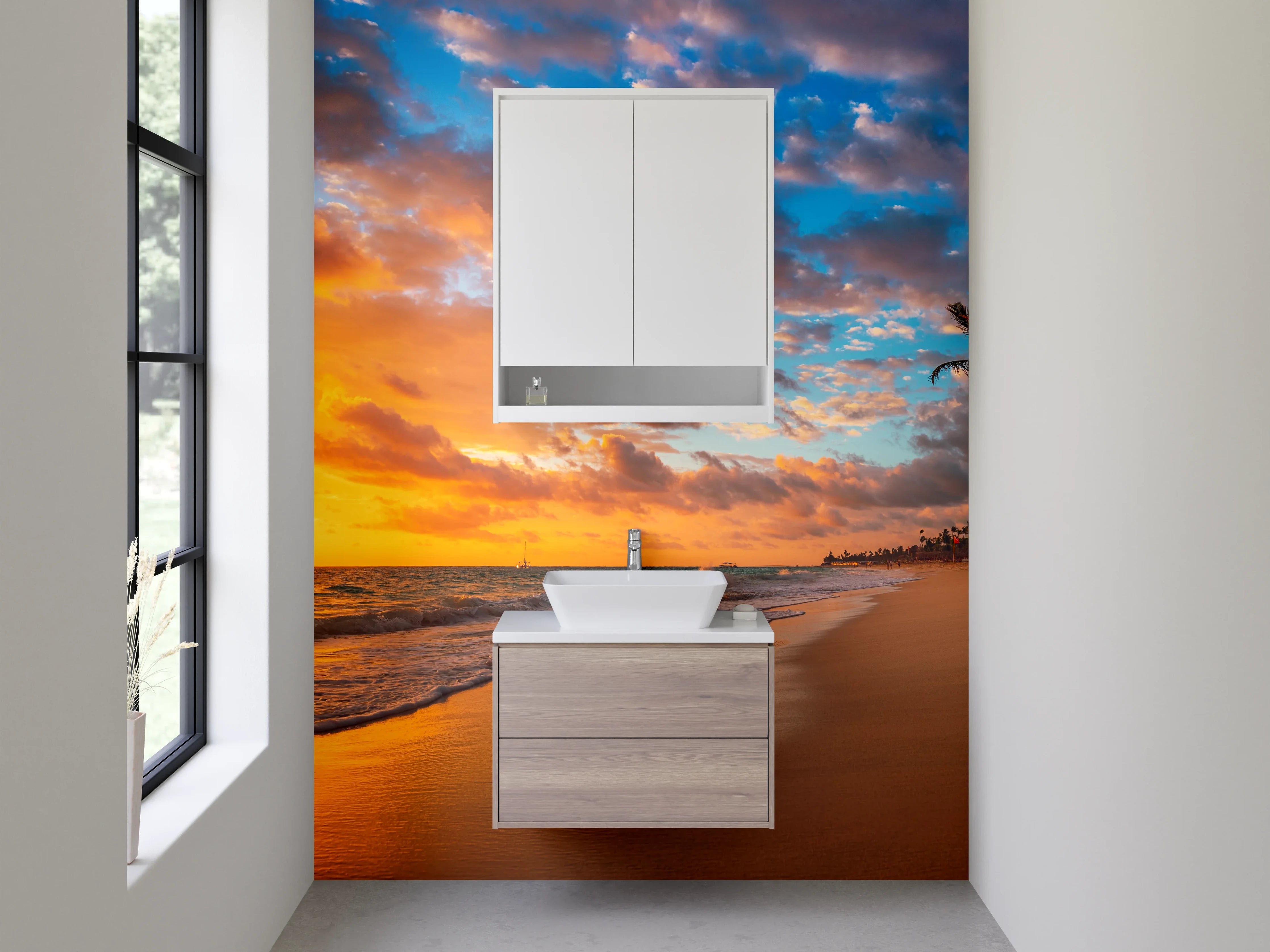 Waschbecken-Rückwand - Karibischer Sonnenuntergang am Palmenstrand