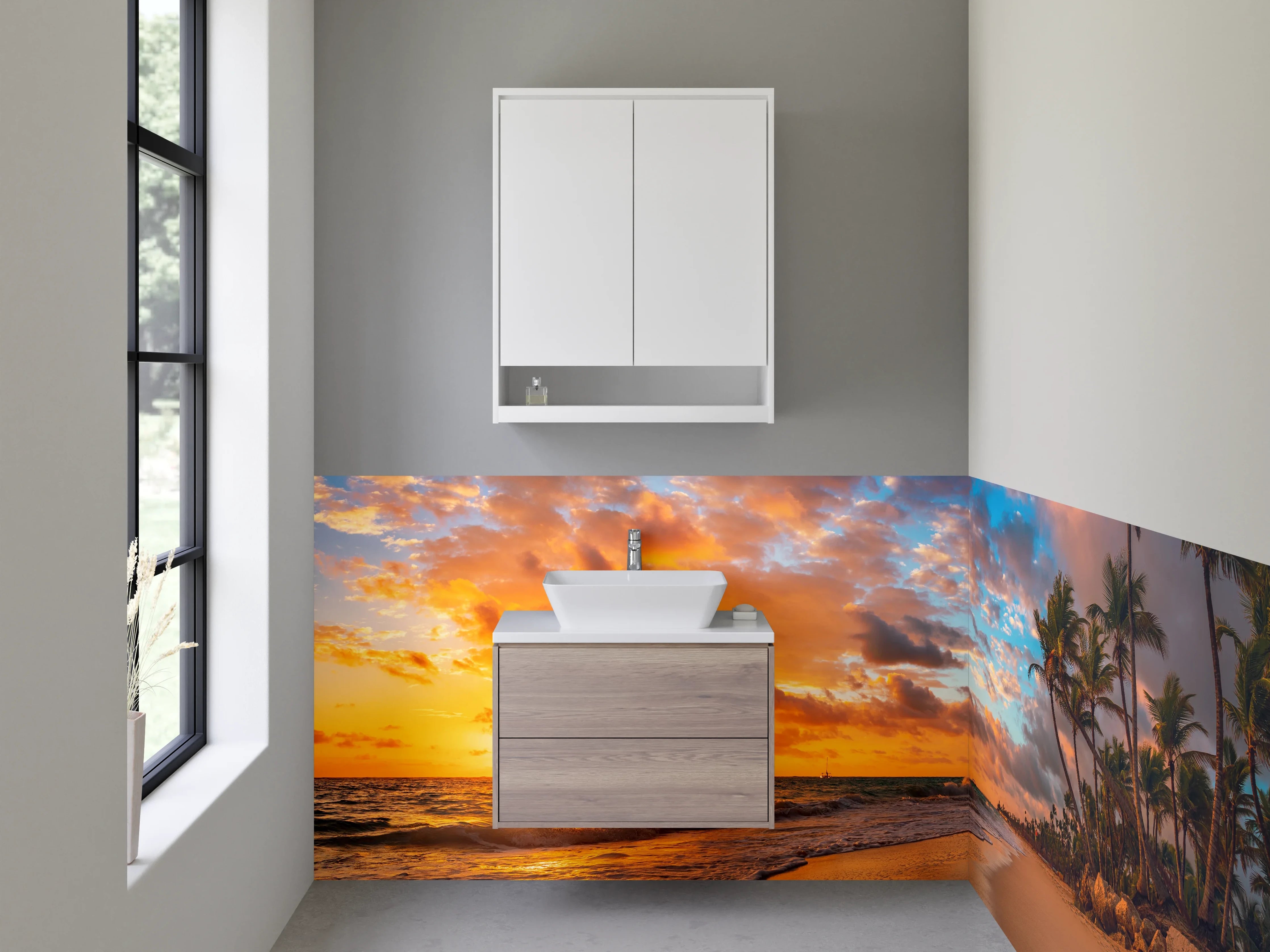 Waschbecken-Rückwand - Karibischer Sonnenuntergang am Palmenstrand