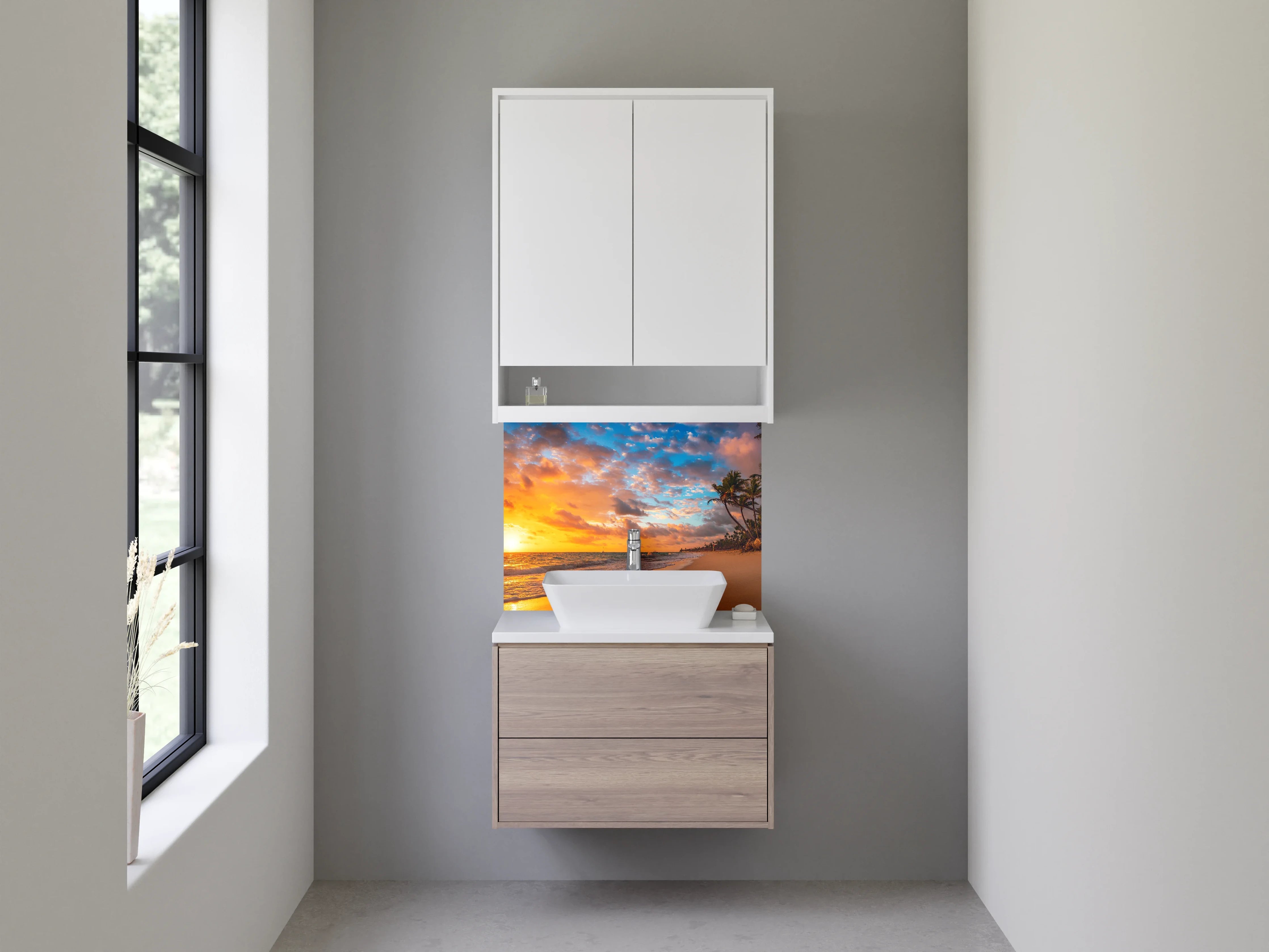 Waschbecken-Rückwand - Karibischer Sonnenuntergang am Palmenstrand