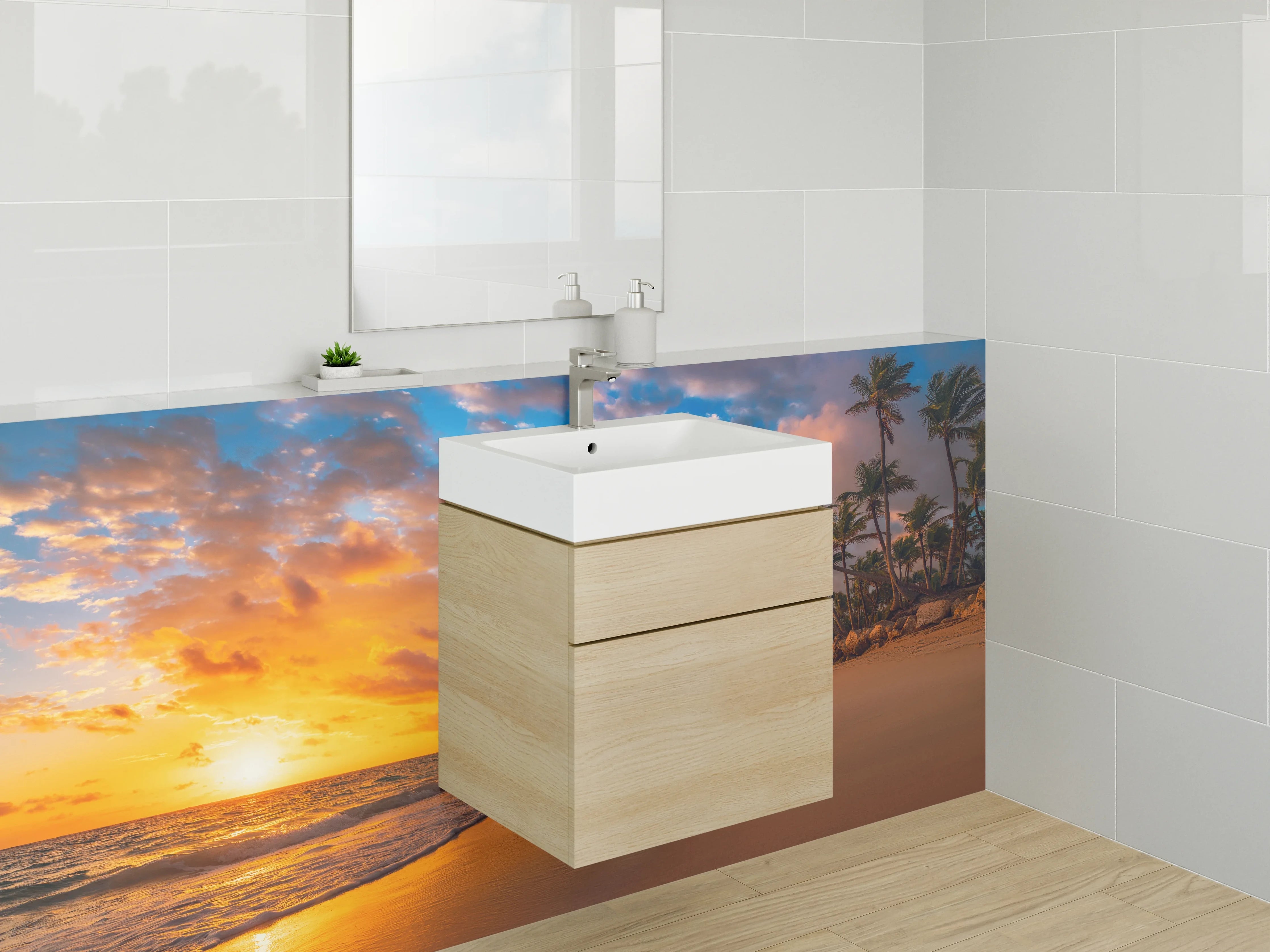 Waschbecken-Rückwand - Karibischer Sonnenuntergang am Palmenstrand