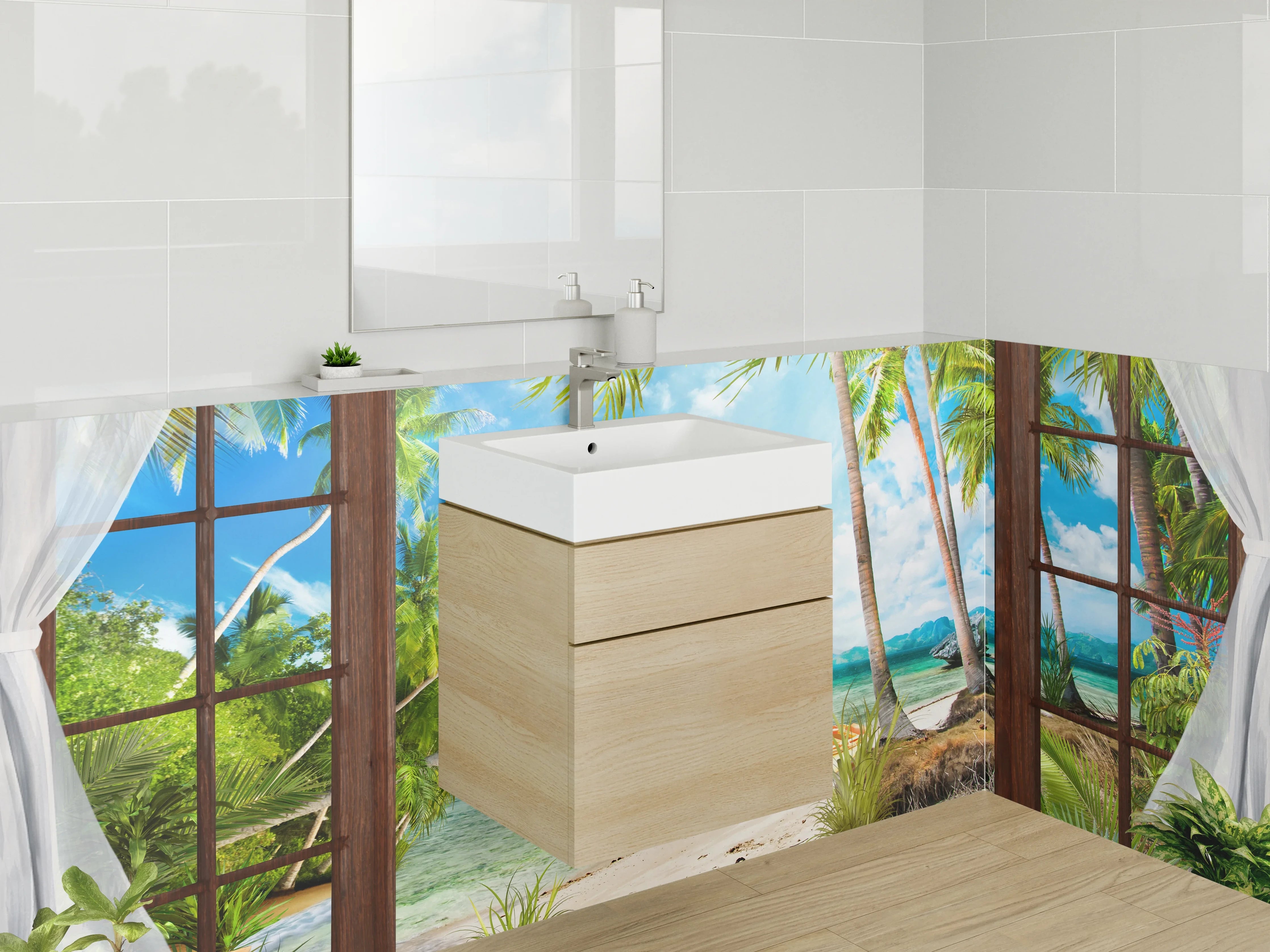 Waschbecken-Rückwand - Karibisches Strandfenster Tropenidylle