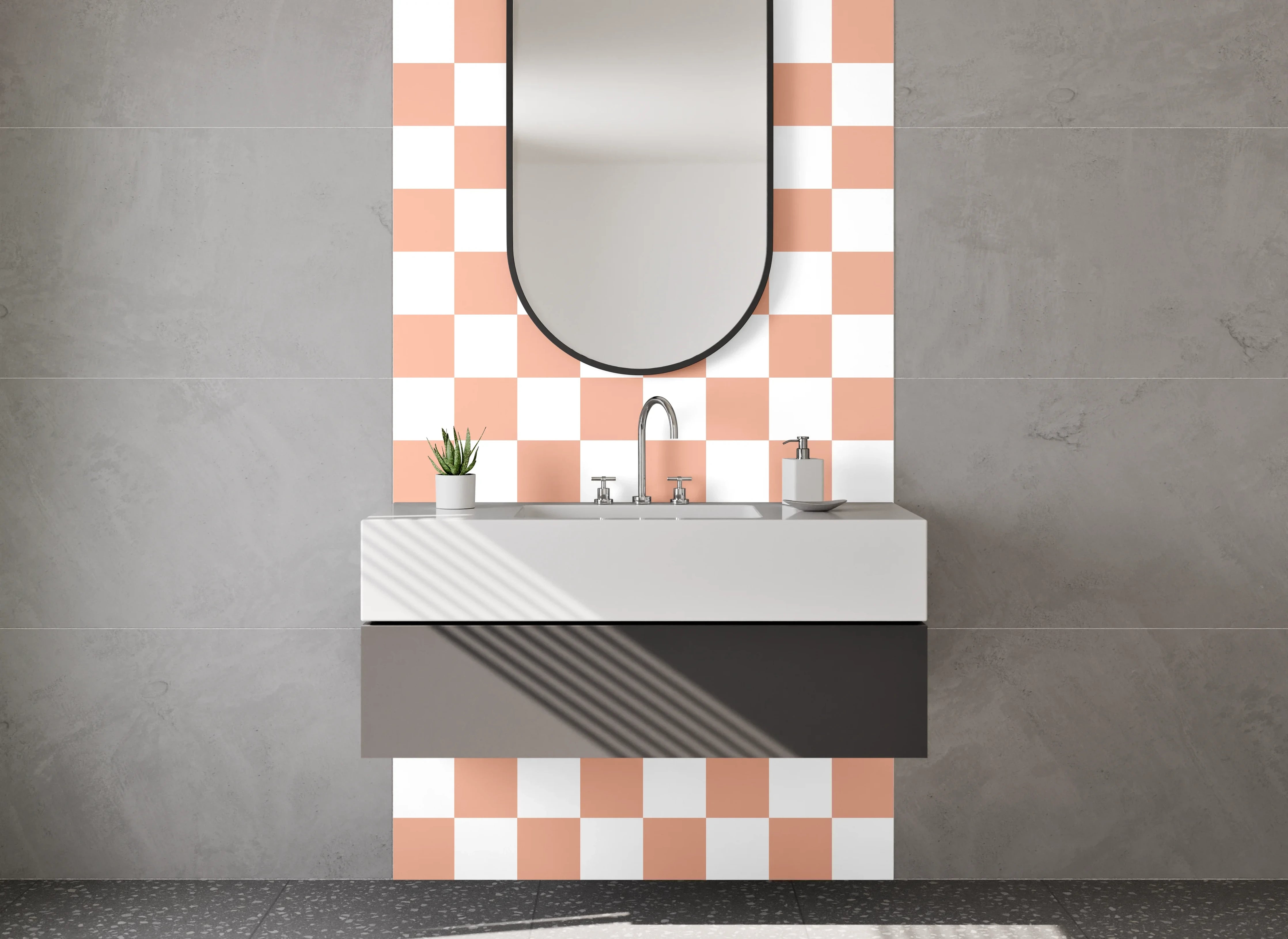 Waschbecken-Rückwand - Kariertes Retro-Muster Orange Weiß