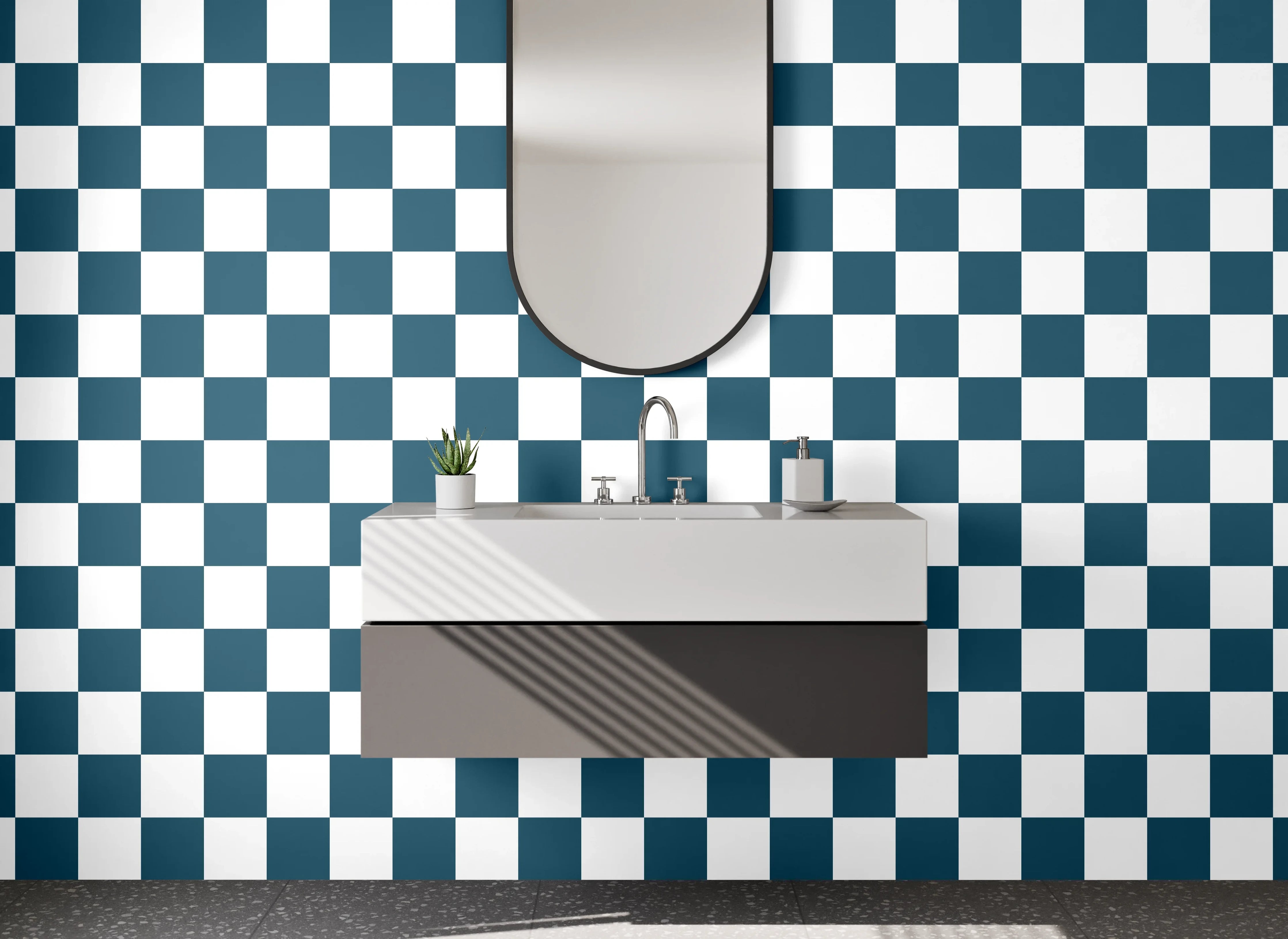Waschbecken-Rückwand - Kariertes Retro-Muster in Schwarz-Weiß