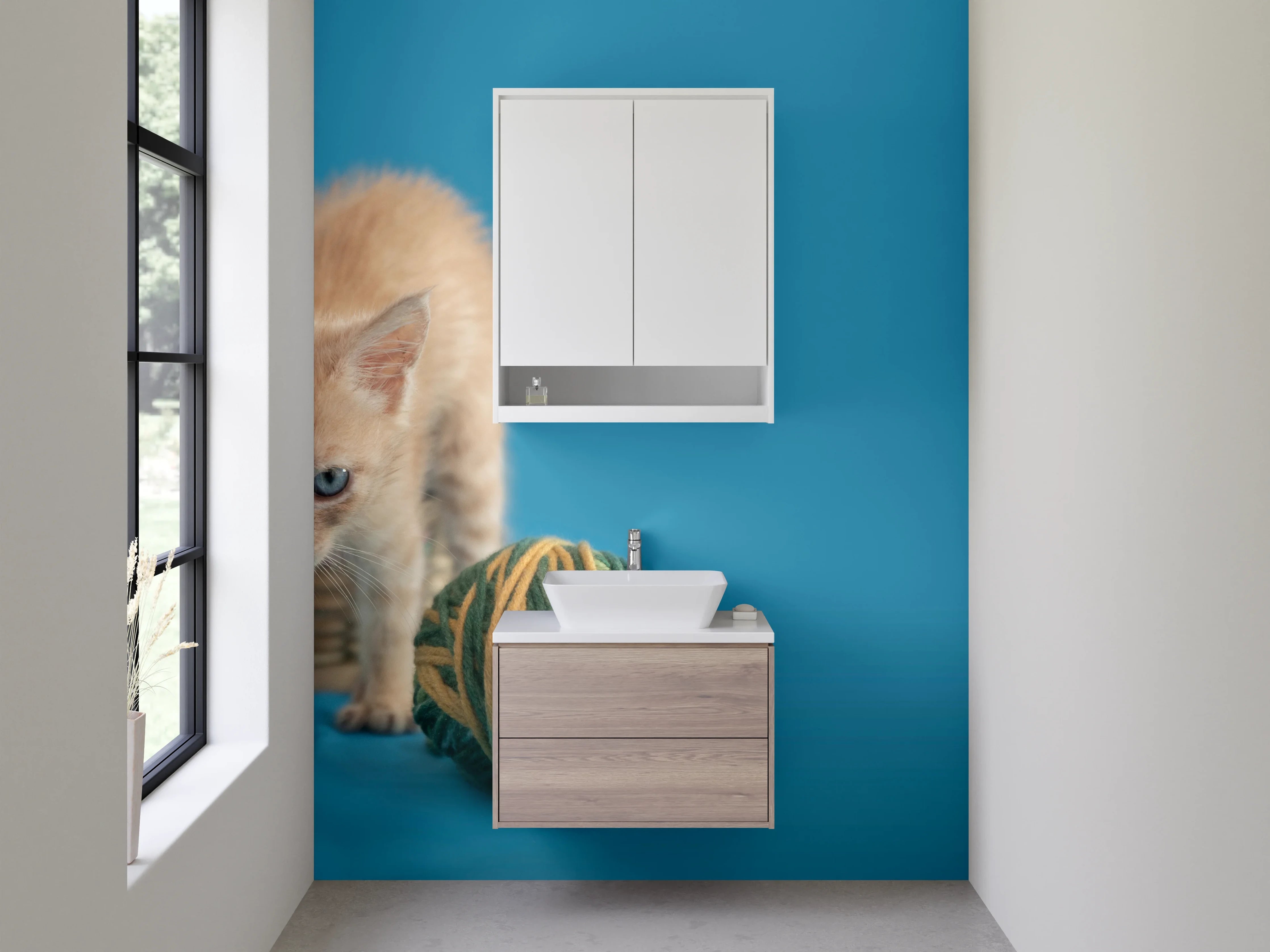 Waschbecken-Rückwand - Katzenbaby mit Wollknäuel auf Blau