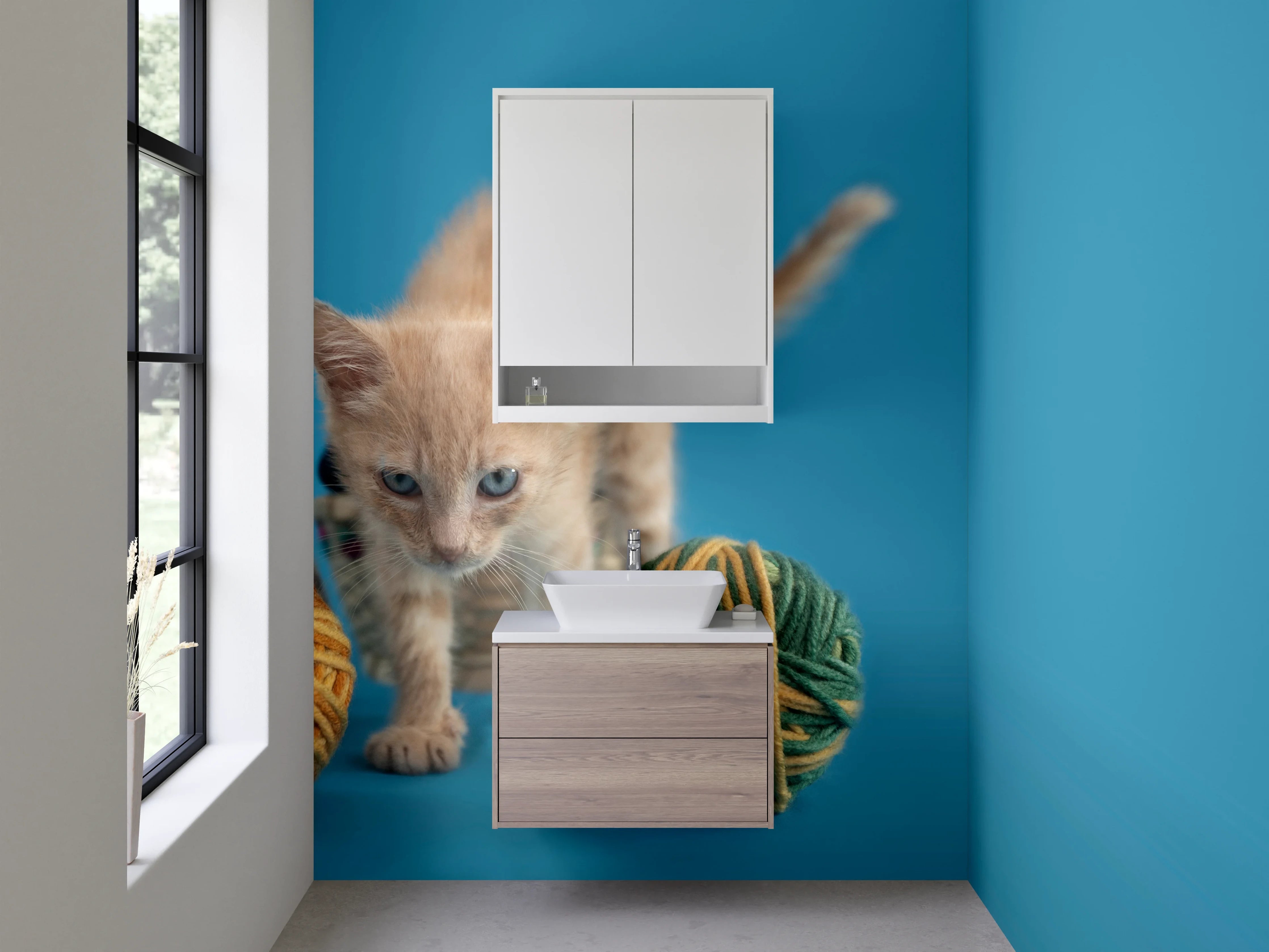 Waschbecken-Rückwand - Katzenbaby mit Wollknäuel auf Blau