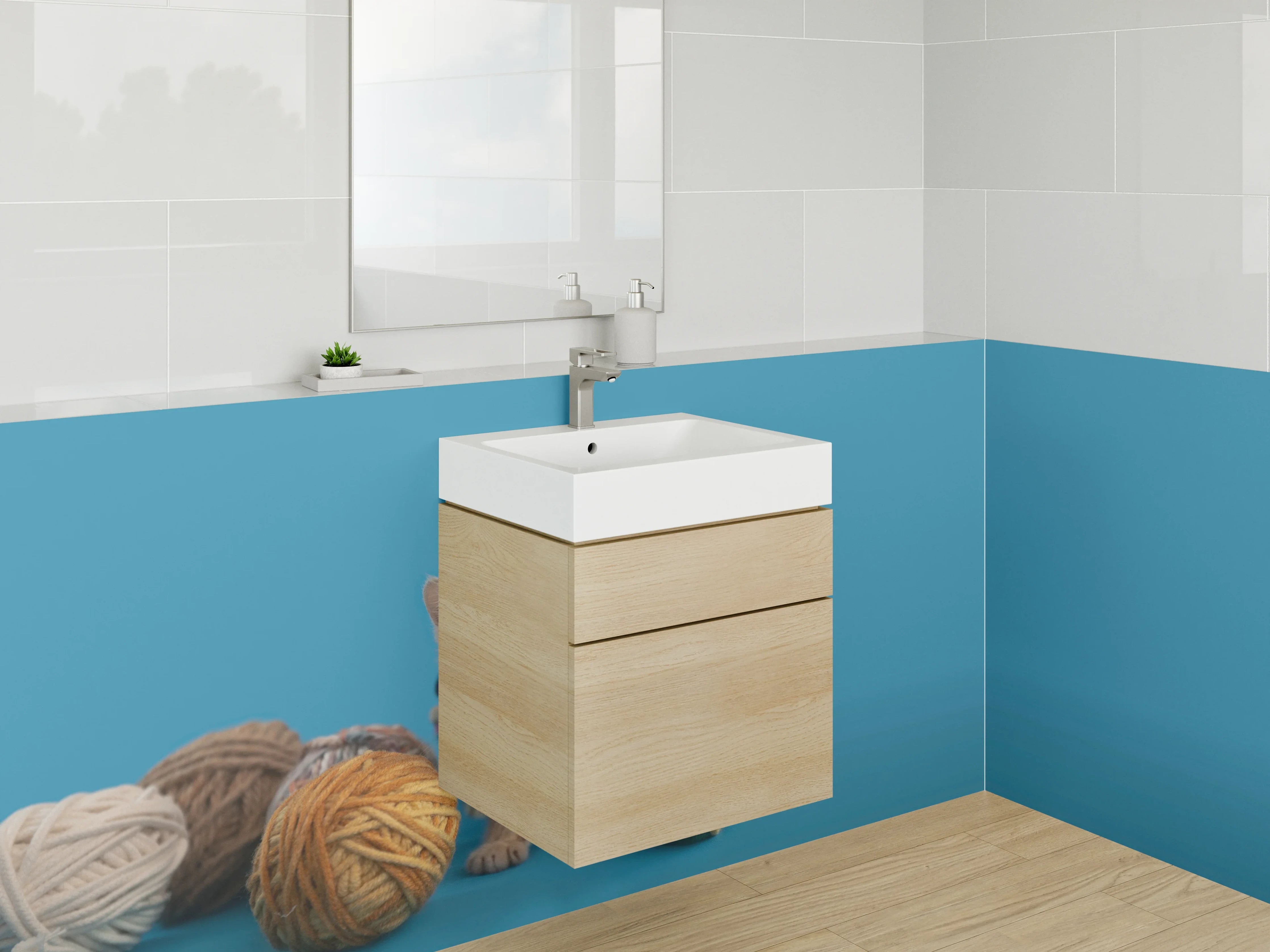 Waschbecken-Rückwand - Katzenbaby mit Wollknäuel auf Blau