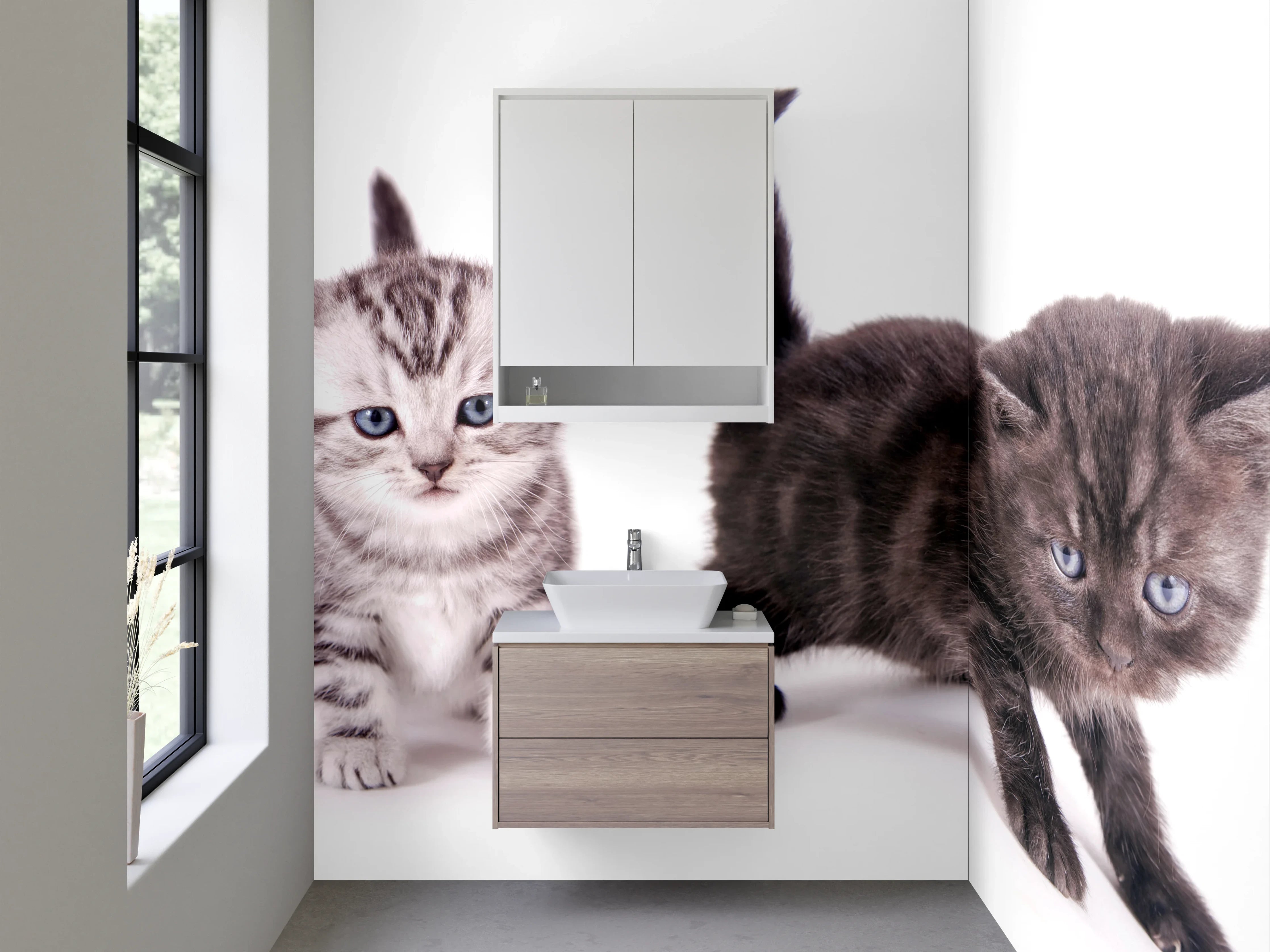 Waschbecken-Rückwand - Katzenbabys auf Weiß – Fotokunst