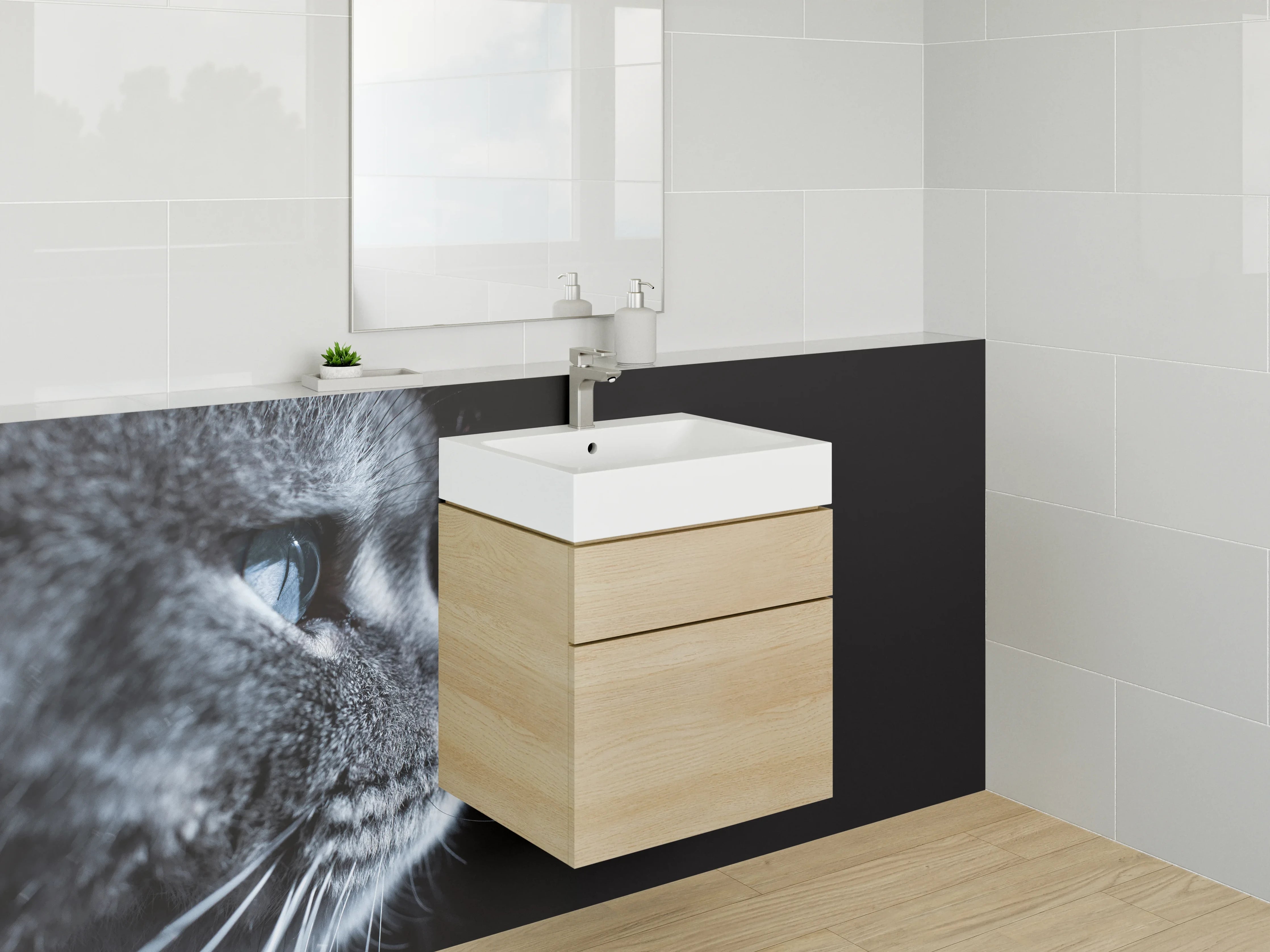 Waschbecken-Rückwand - Katzenprofil in Blau-Grau