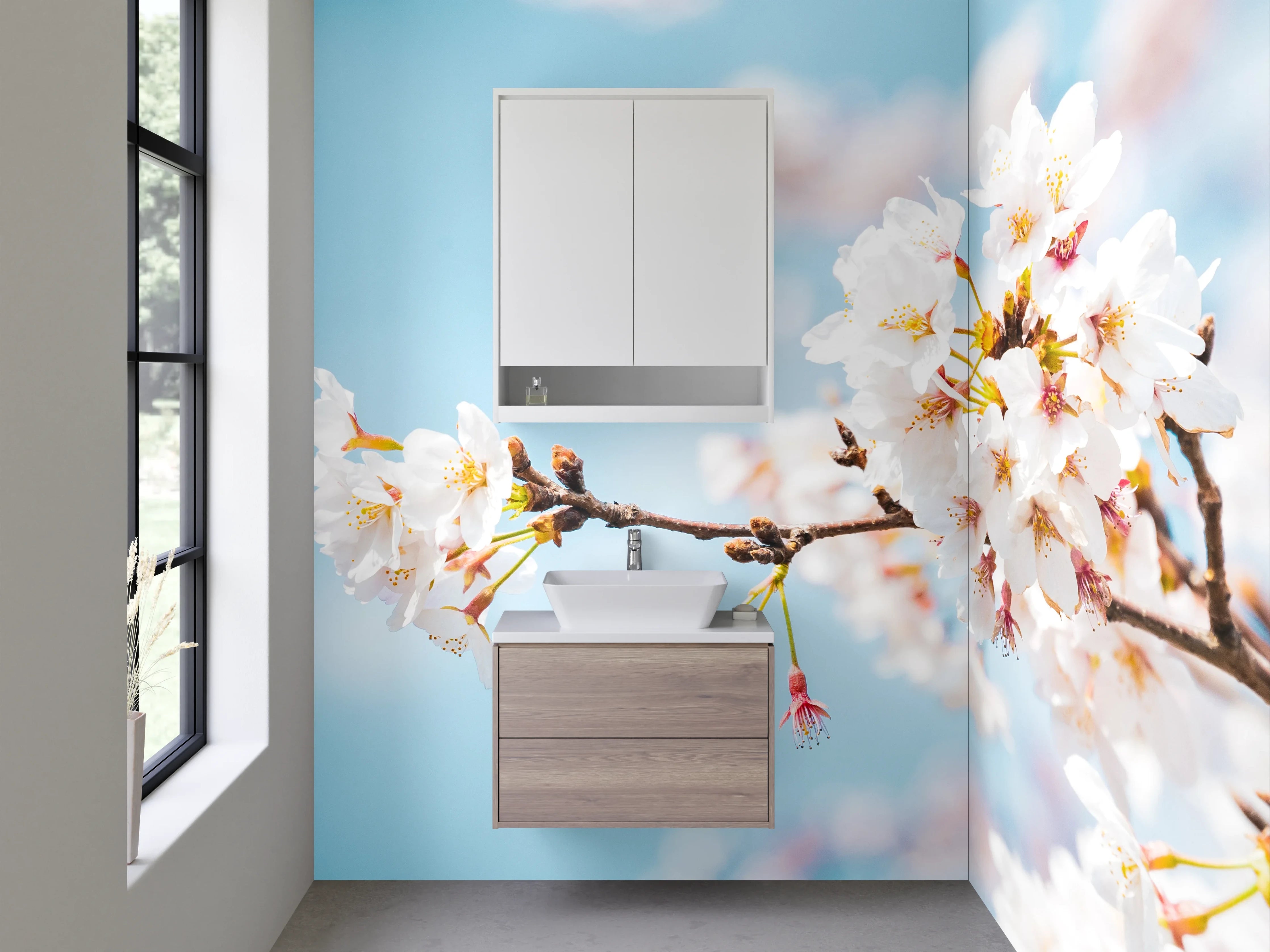 Waschbecken-Rückwand - Kirschblüten Zweig vor blauem Himmel