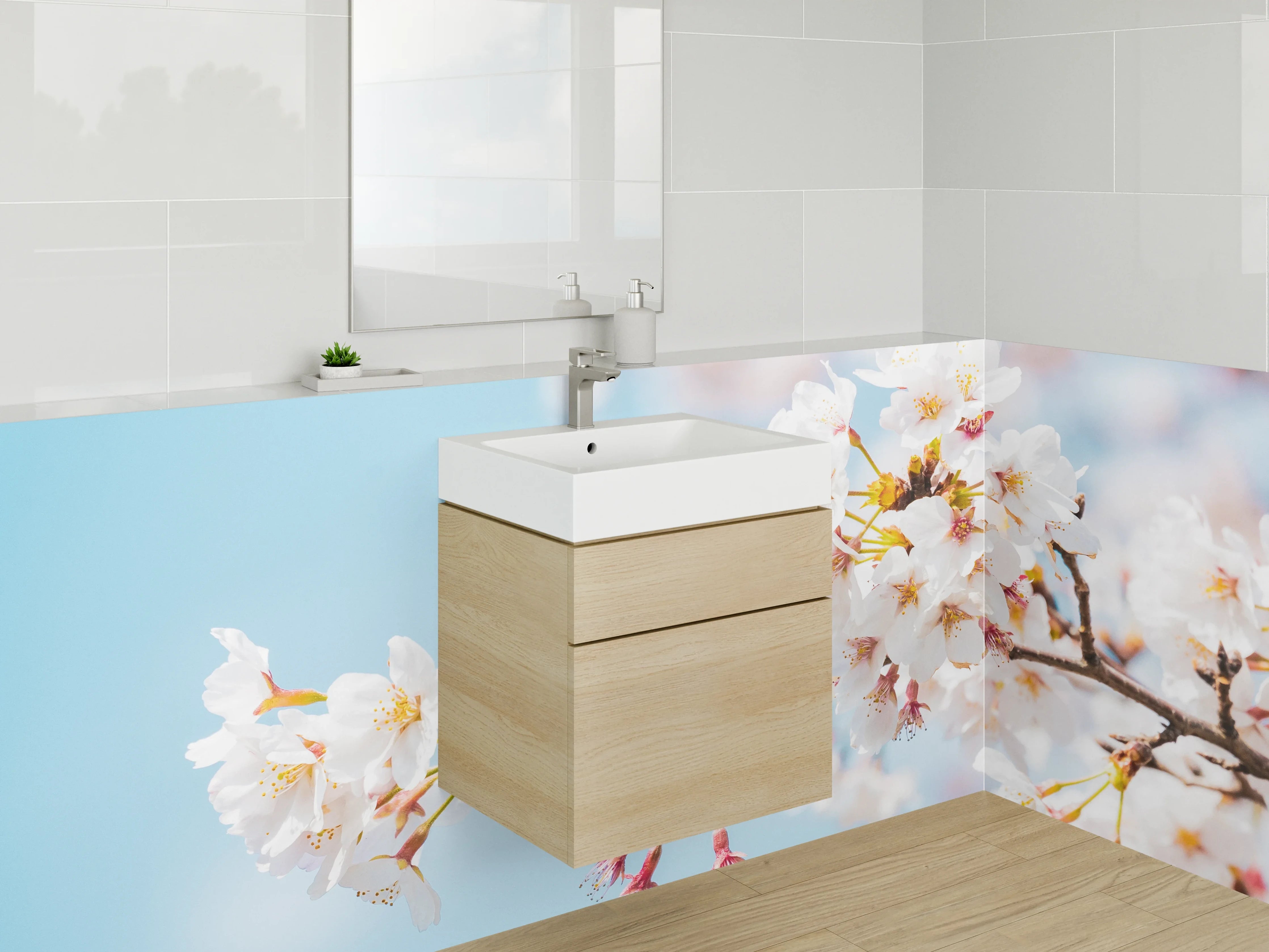 Waschbecken-Rückwand - Kirschblüten Zweig vor blauem Himmel