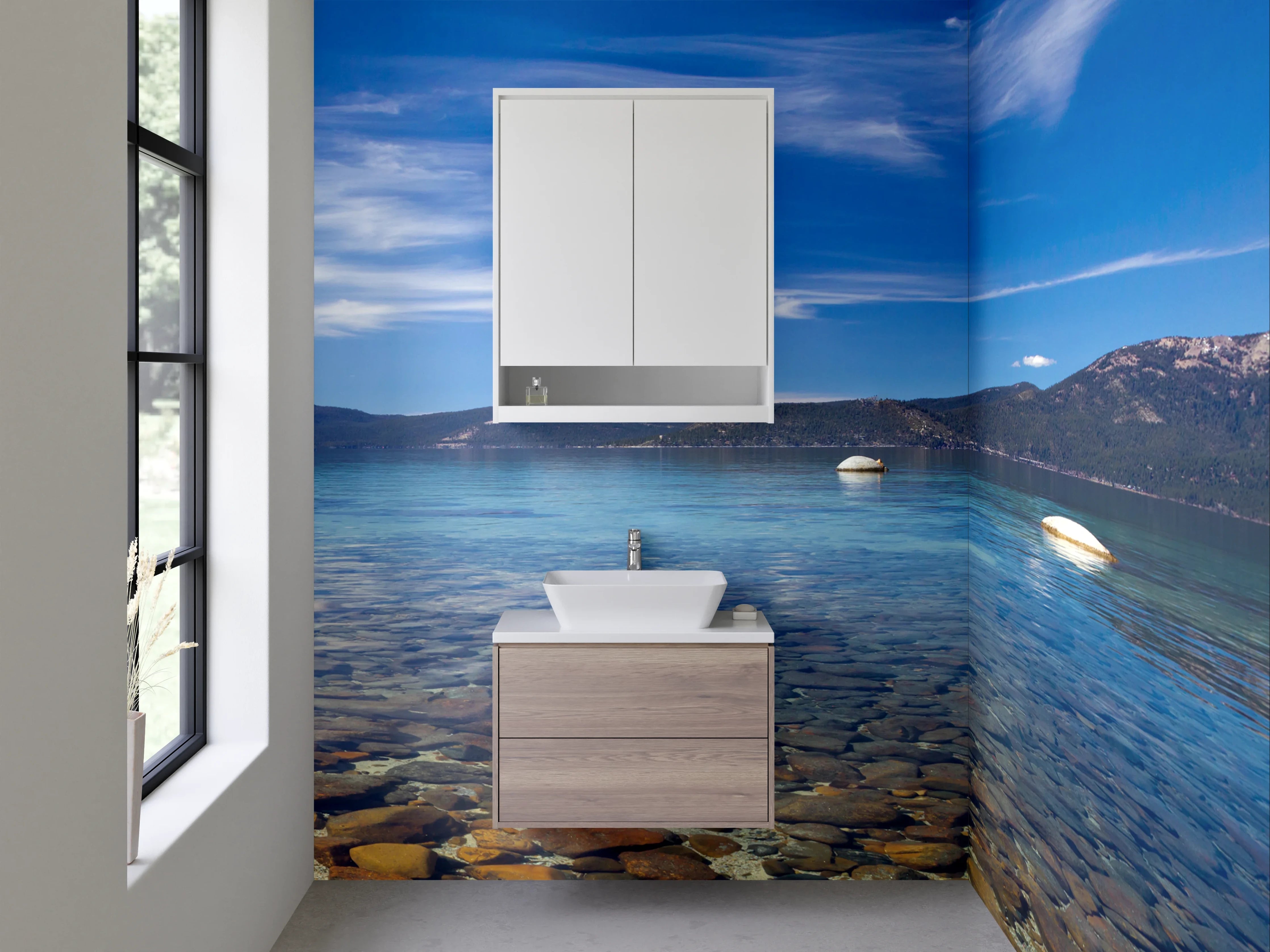 Waschbecken-Rückwand - Klares Seenpanorama mit Bergen