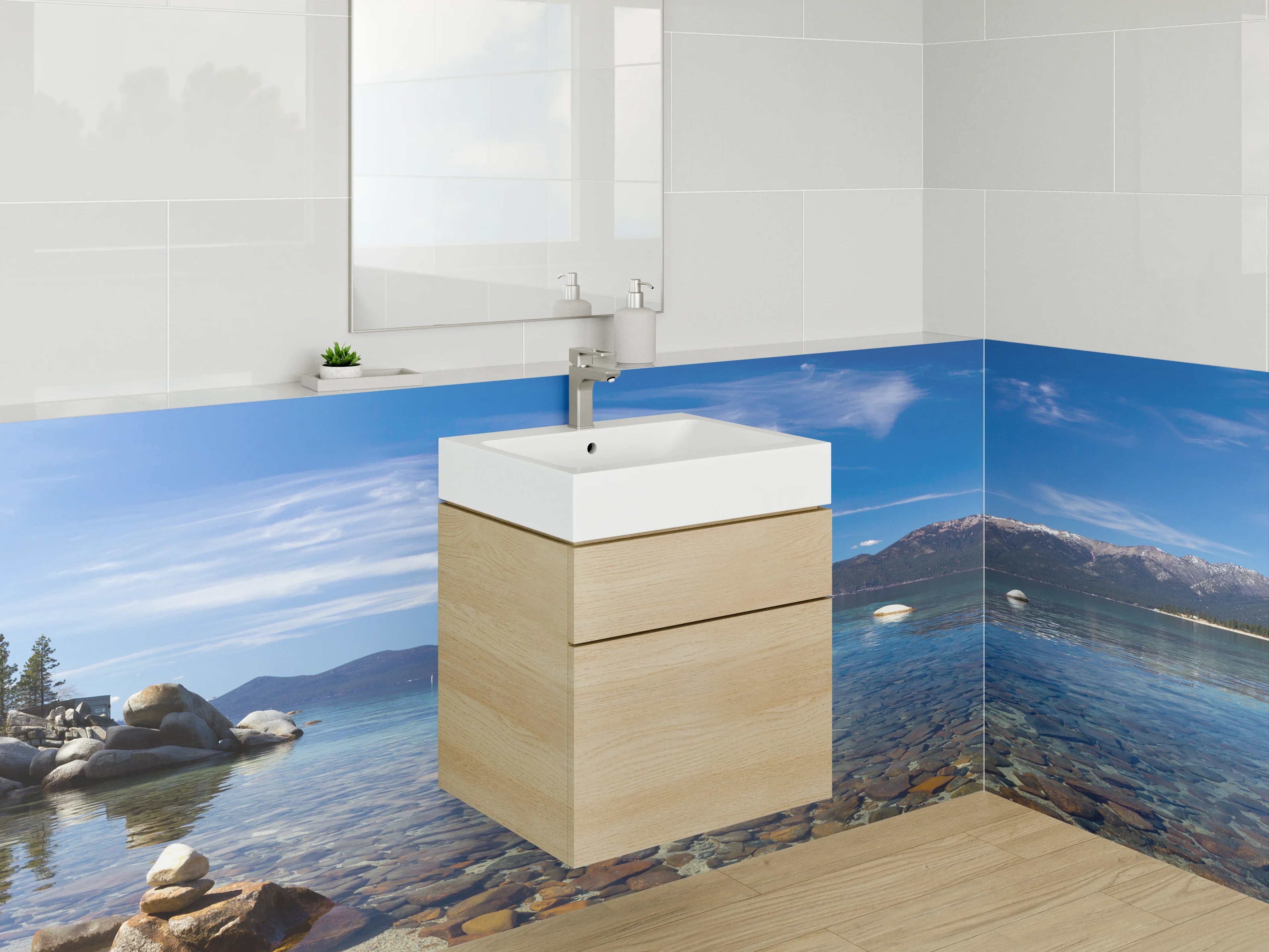 Waschbecken-Rückwand - Klares Seenpanorama mit Bergen