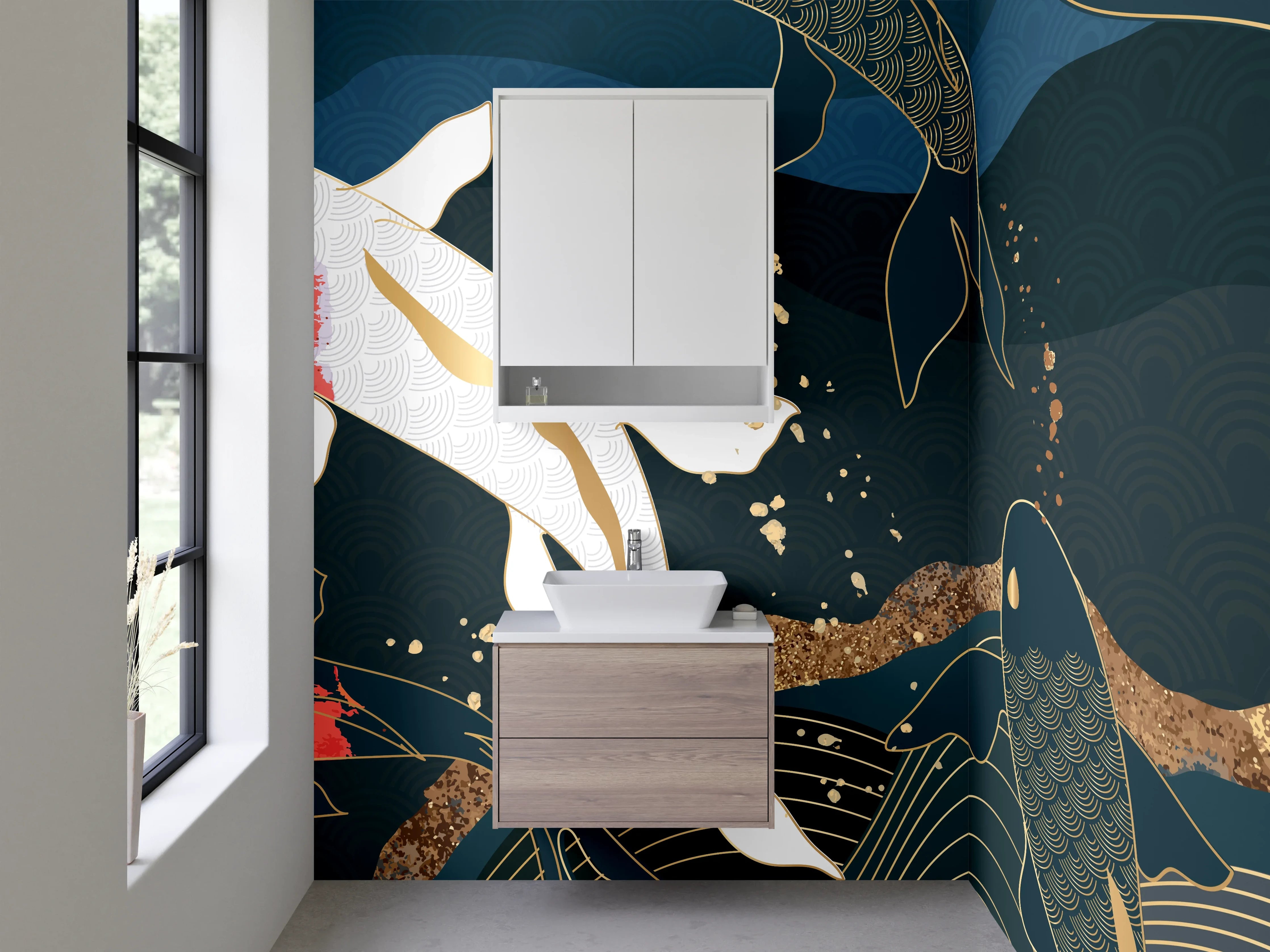 Waschbecken-Rückwand - Koi Fische Kunst Blau Gold Abstrakt
