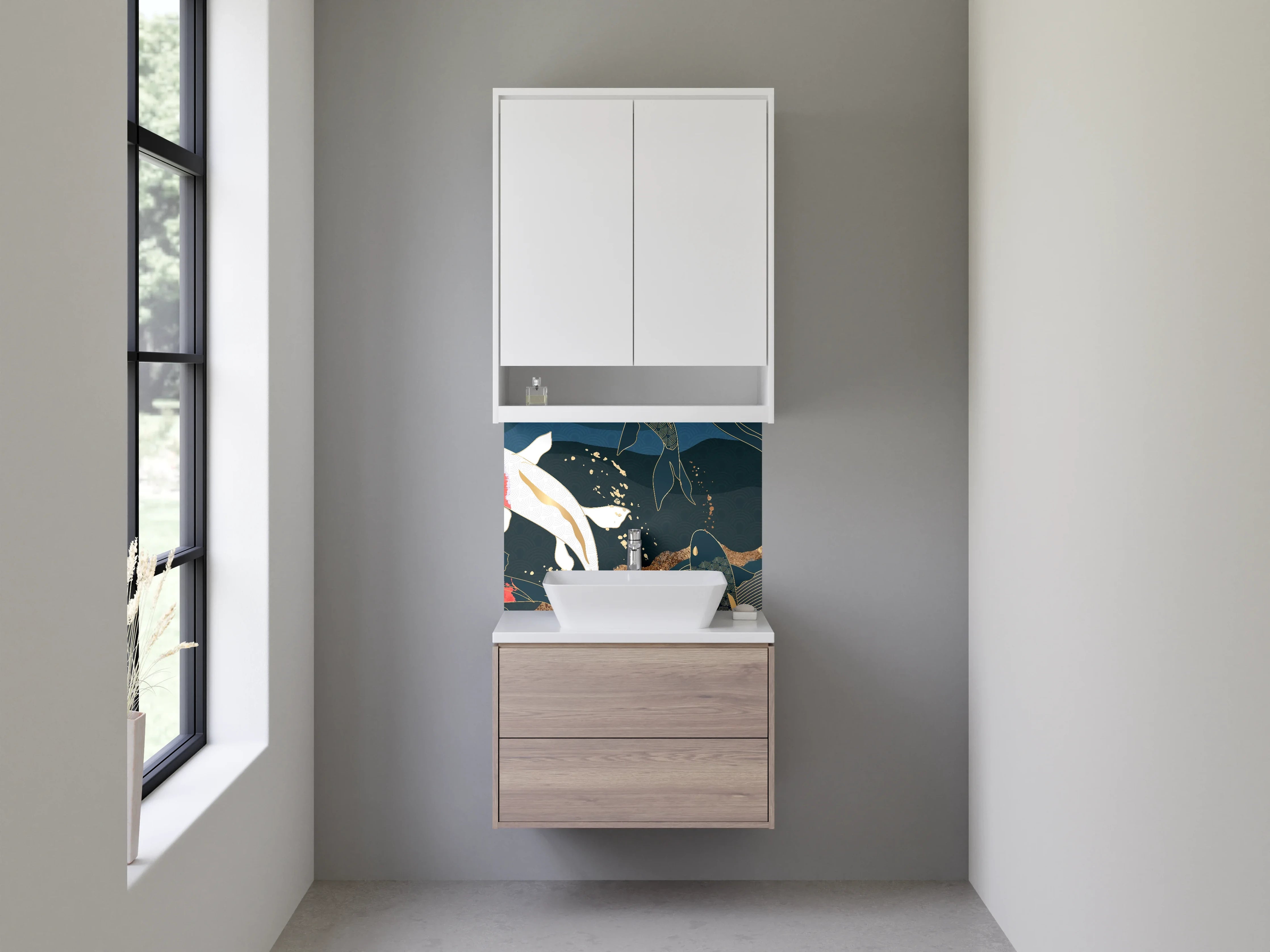 Waschbecken-Rückwand - Koi Fische Kunst Blau Gold Abstrakt