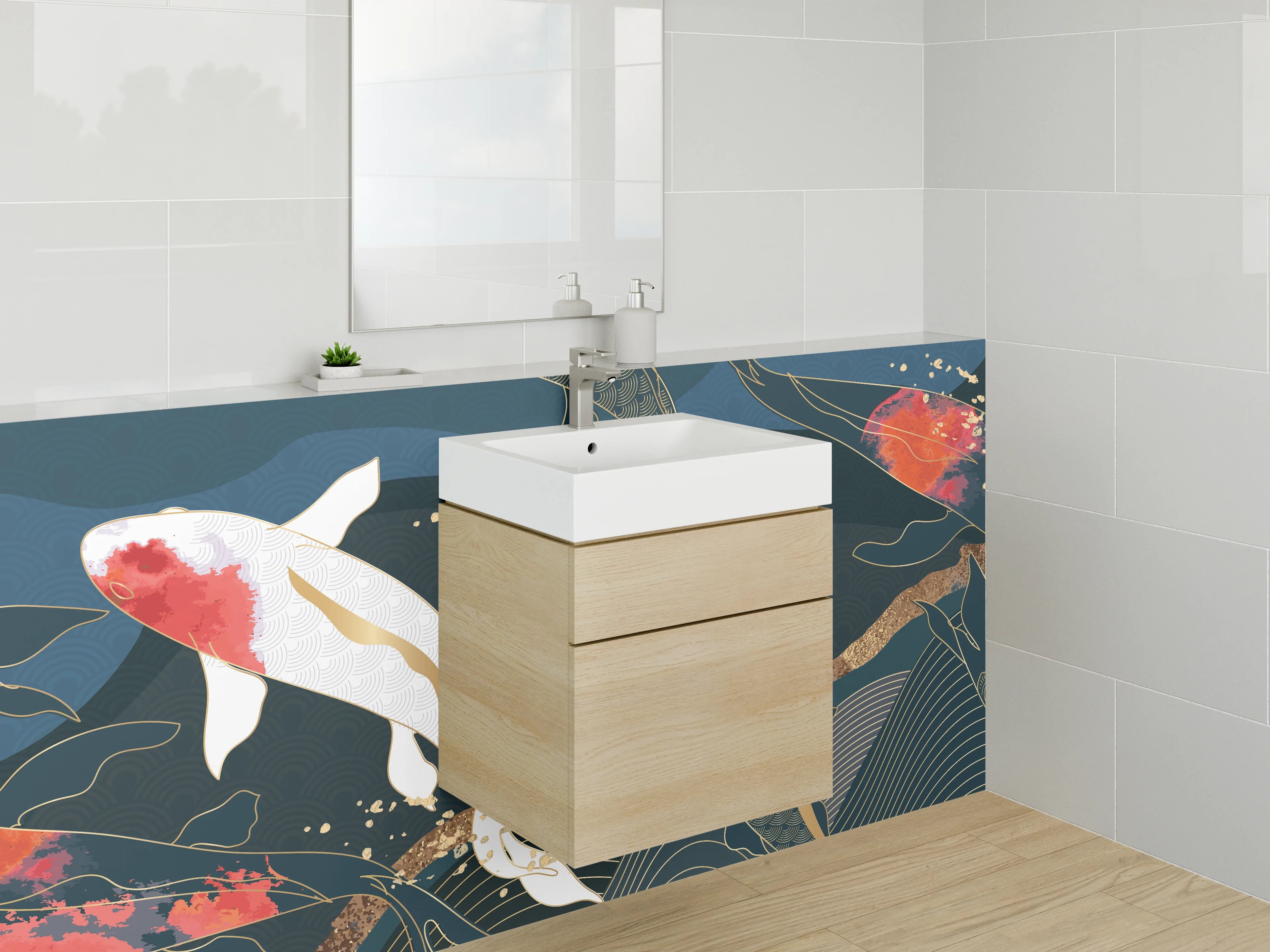 Waschbecken-Rückwand - Koi Fische Kunst Blau Gold Abstrakt