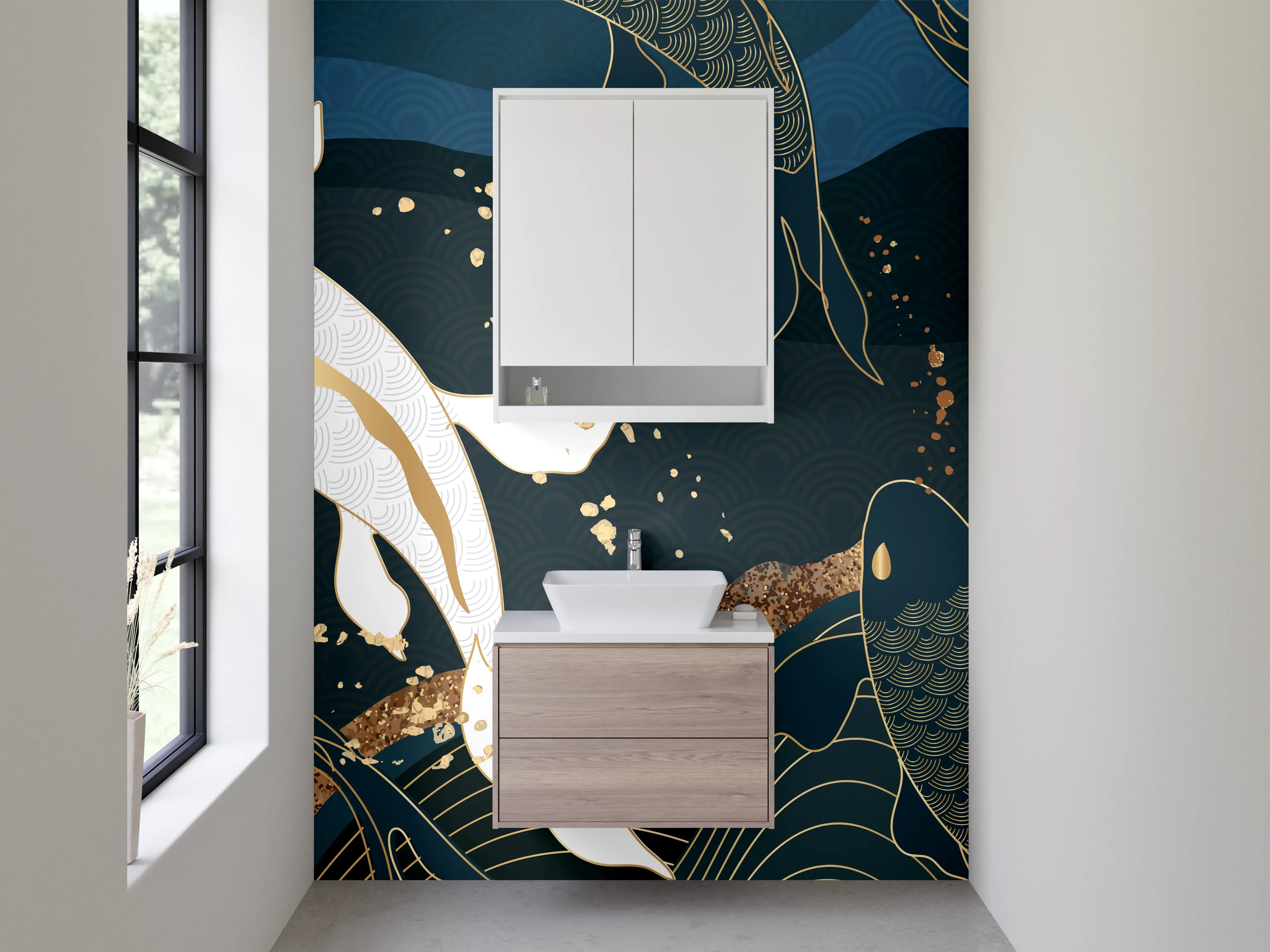 Waschbecken-Rückwand - Koi-Karpfen Eleganz Kunst Blau Gold