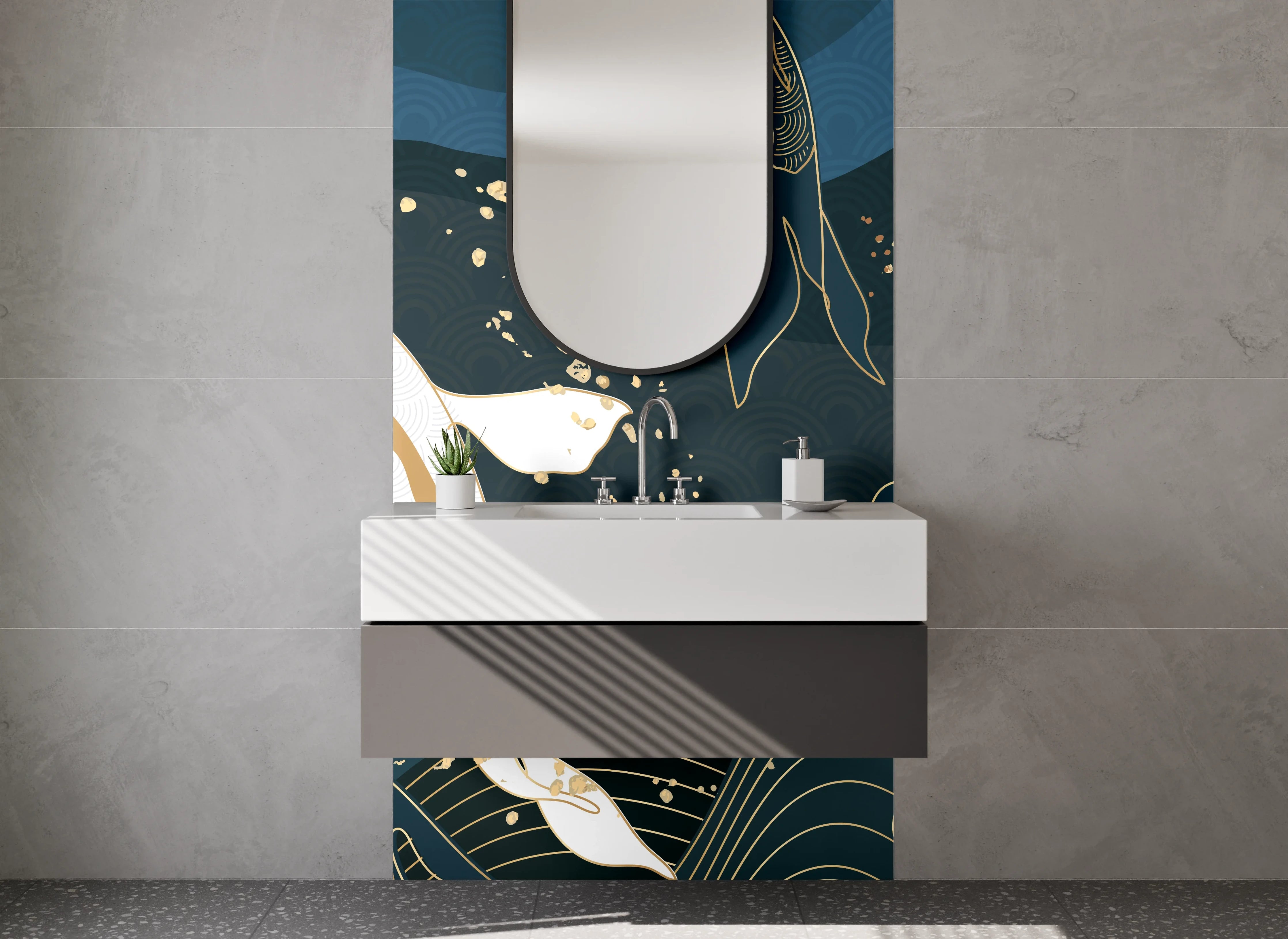 Waschbecken-Rückwand - Koi-Karpfen Eleganz Kunst Blau Gold