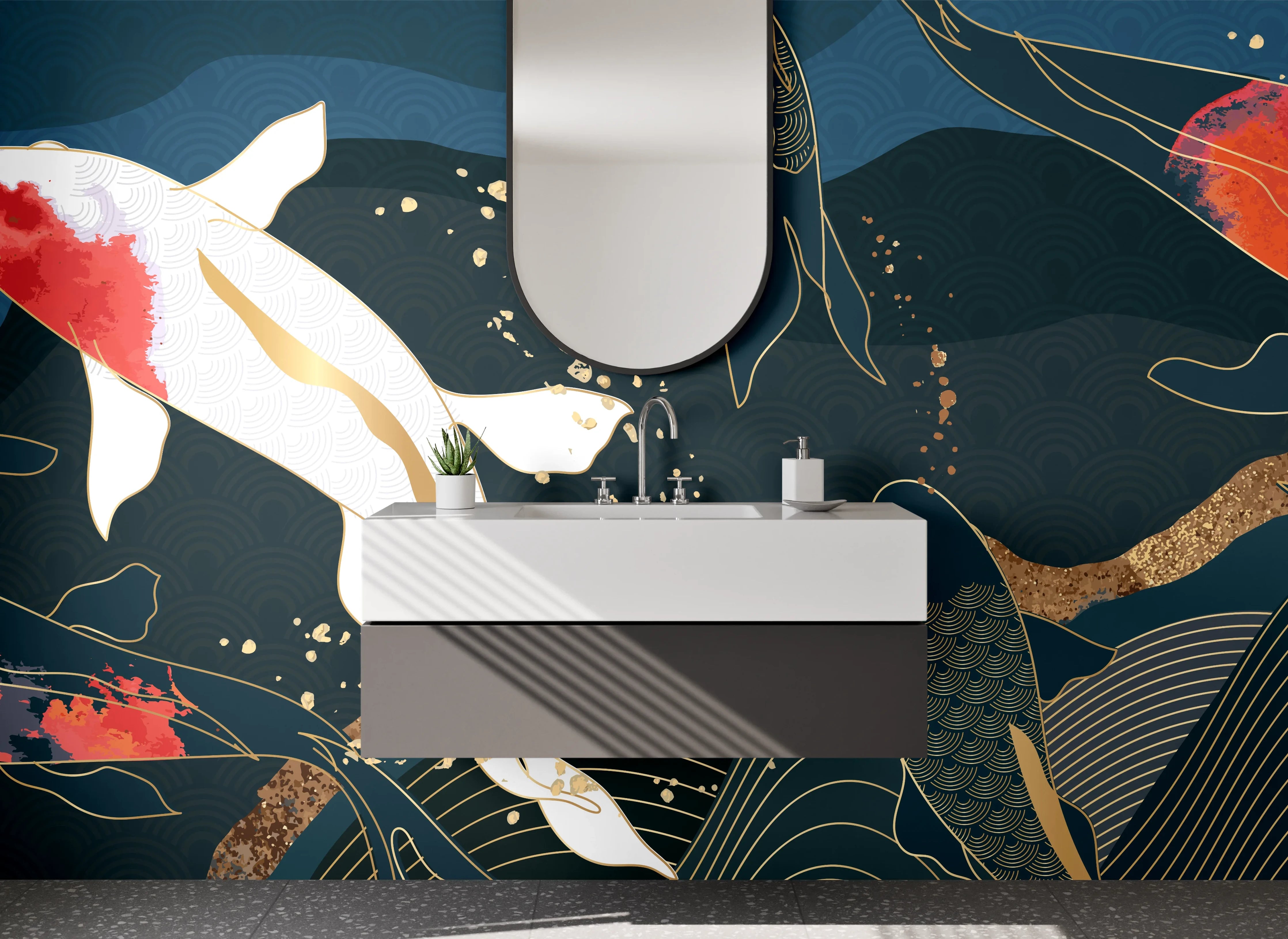 Waschbecken-Rückwand - Koi-Karpfen Eleganz Kunst Blau Gold