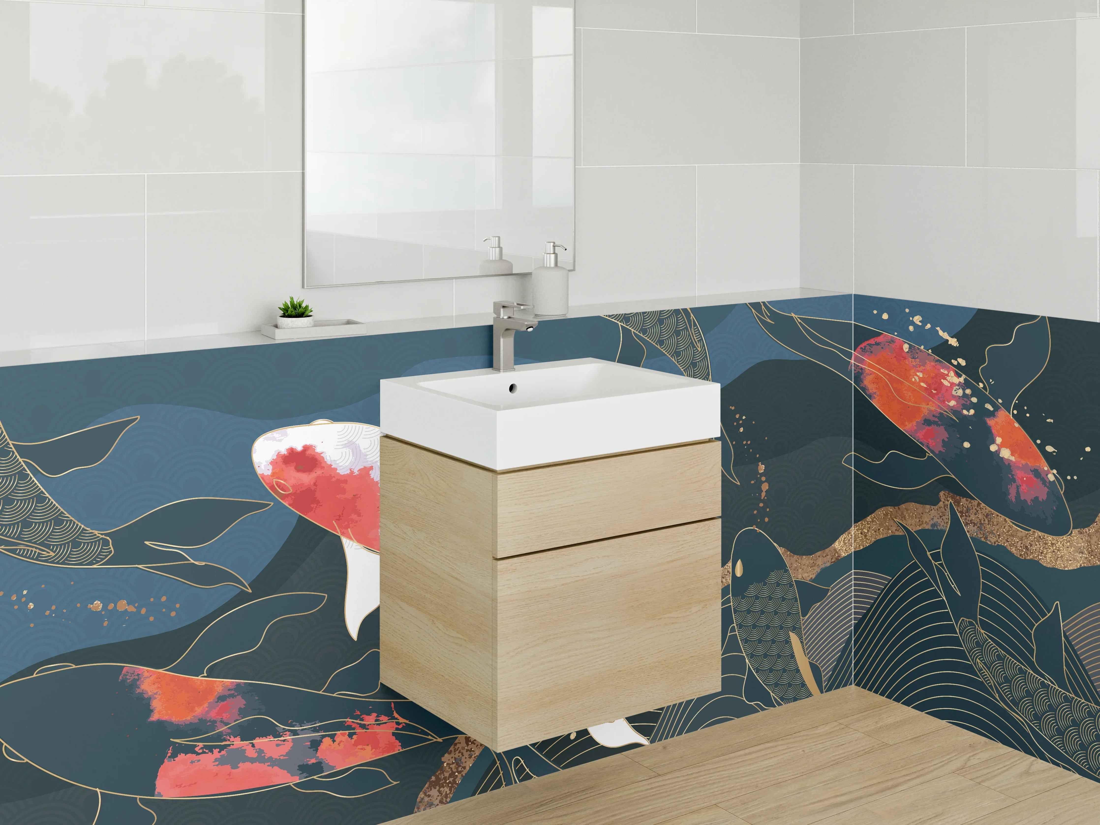 Waschbecken-Rückwand - Koi-Karpfen Eleganz Kunst Blau Gold
