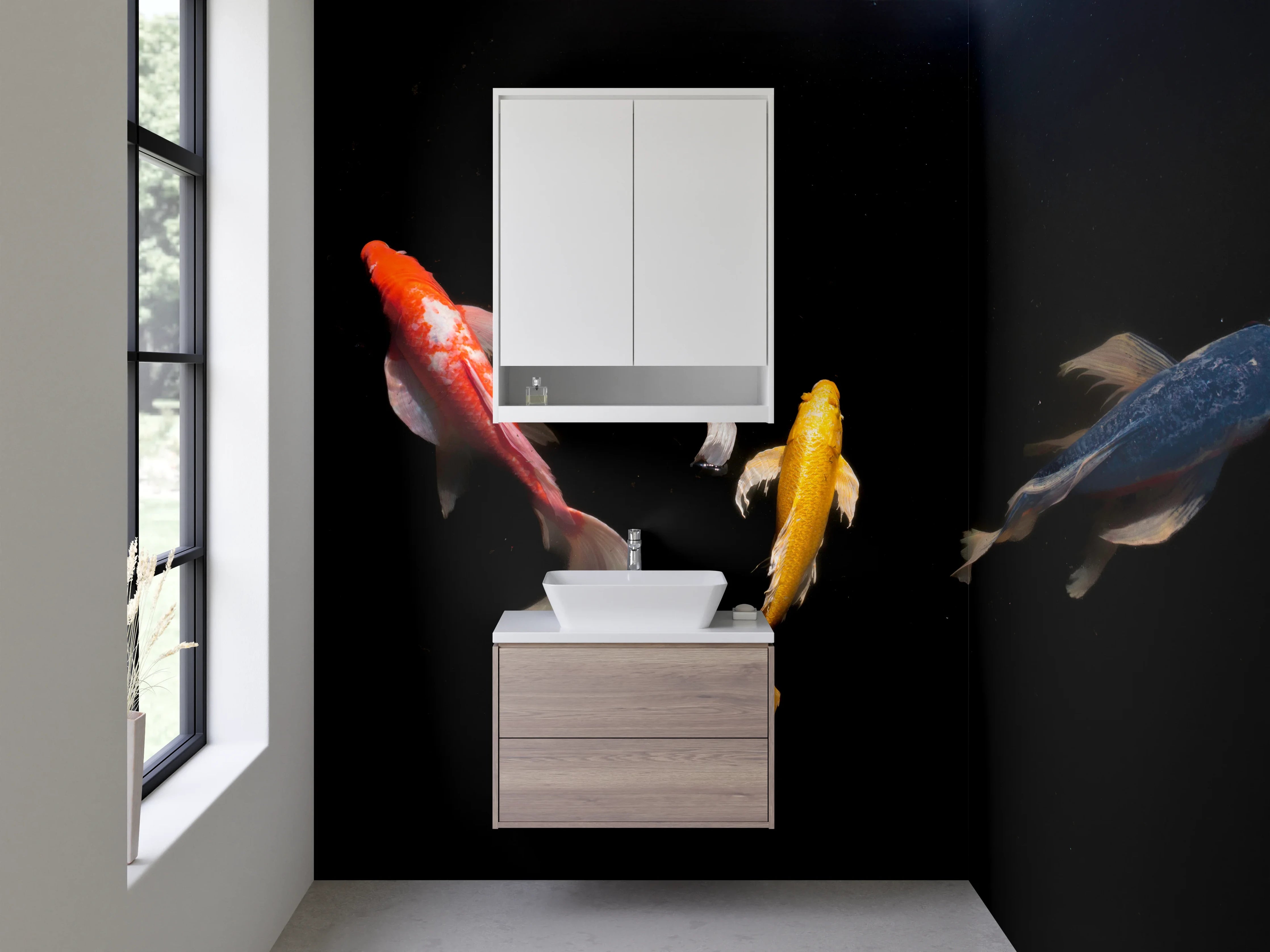 Waschbecken-Rückwand - Koi-Karpfen auf schwarzem Grund