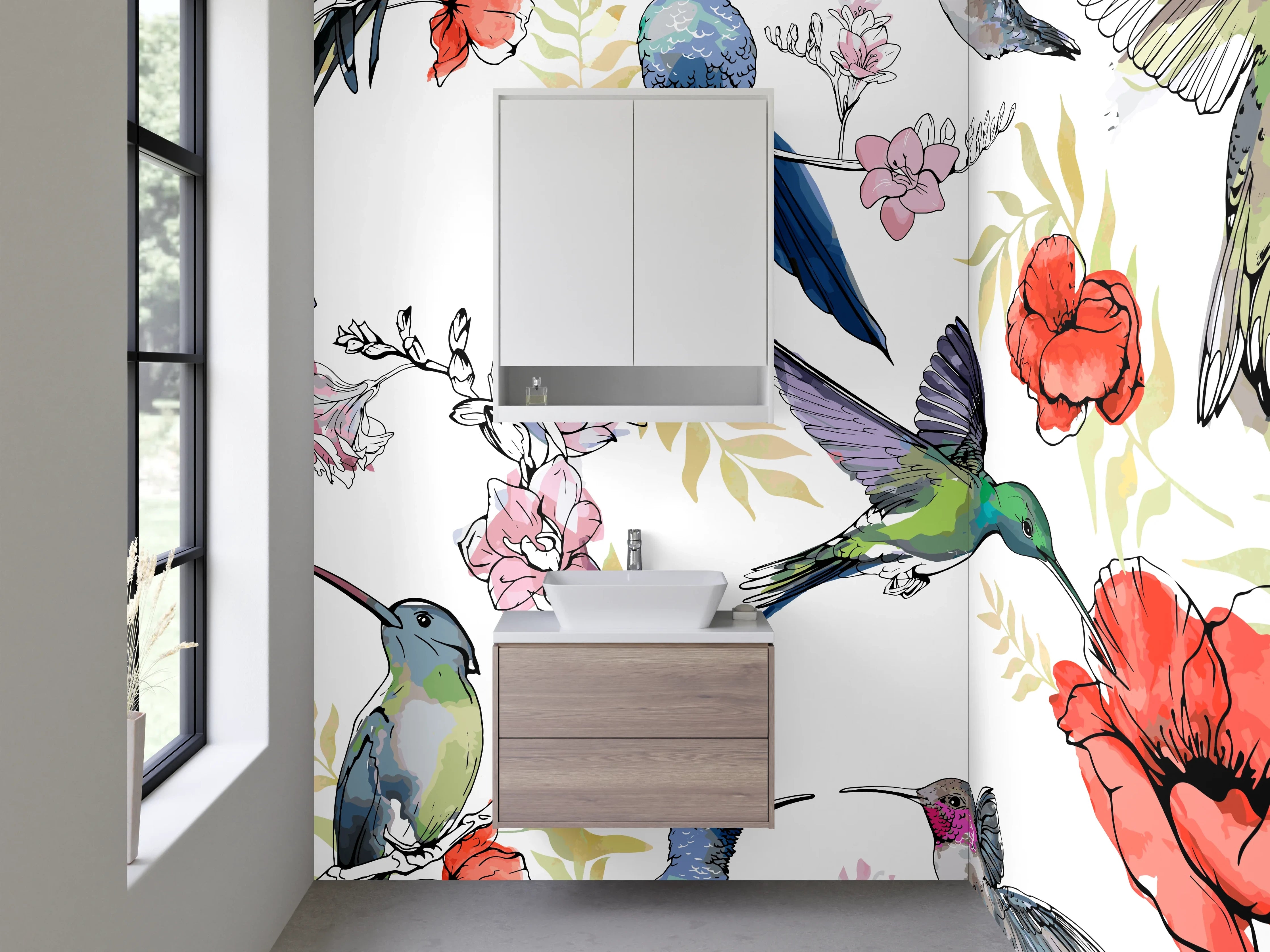 Waschbecken-Rückwand - Kolibri & Blumen Aquarell Muster