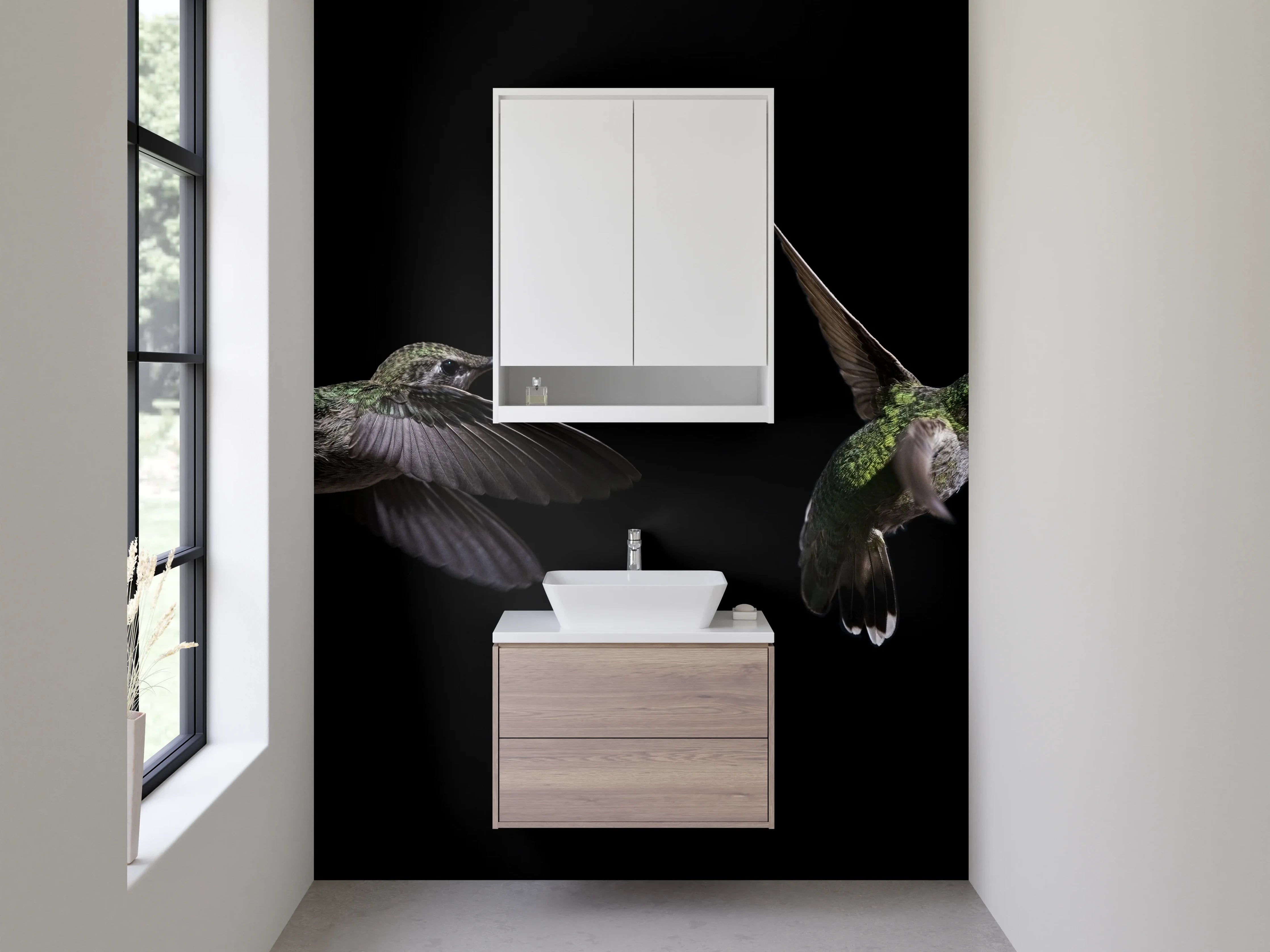 Waschbecken-Rückwand - Kolibri im Flug bei Blume Panorama
