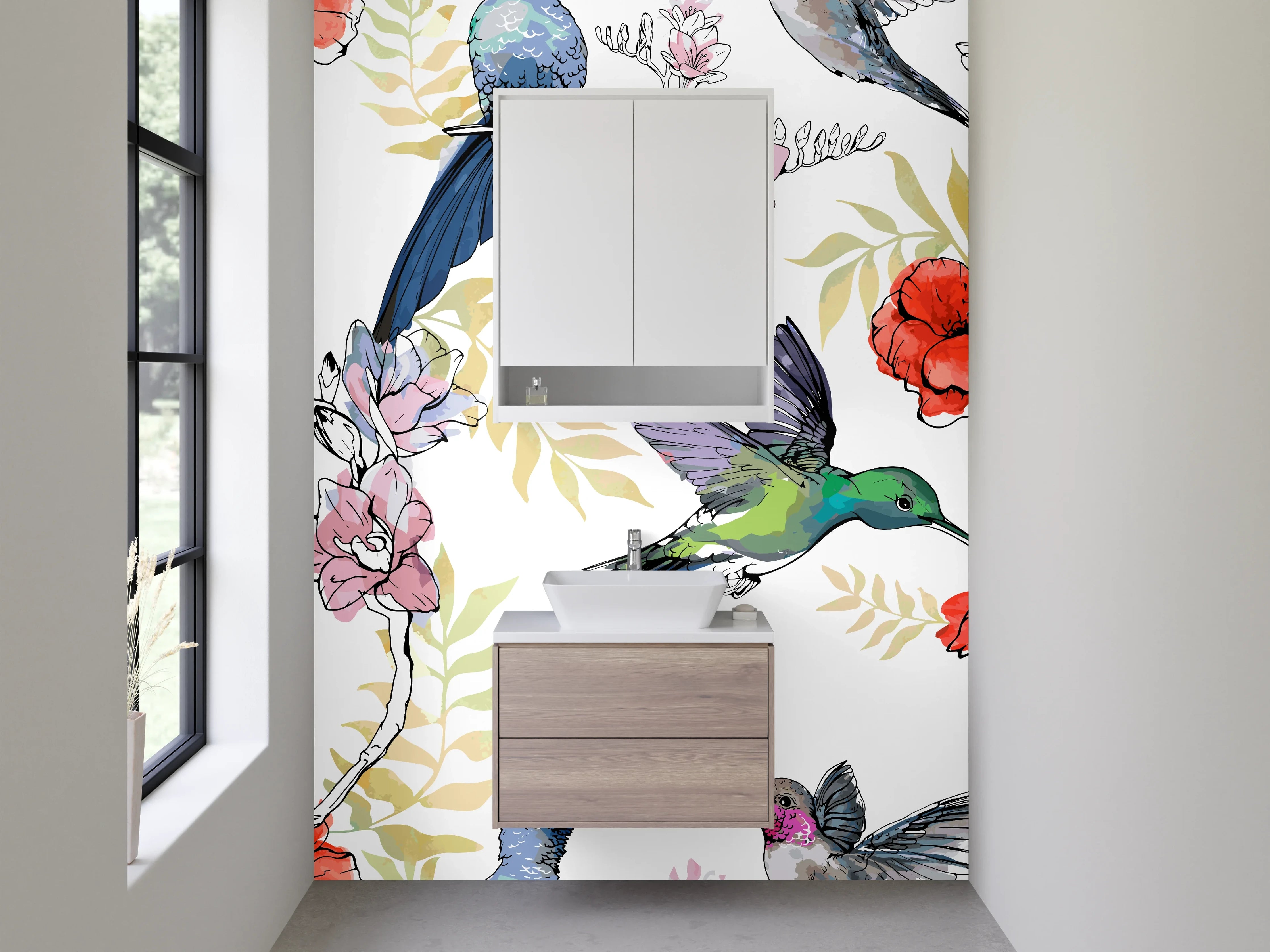 Waschbecken-Rückwand - Kolibri und Blumen Illustration Muster