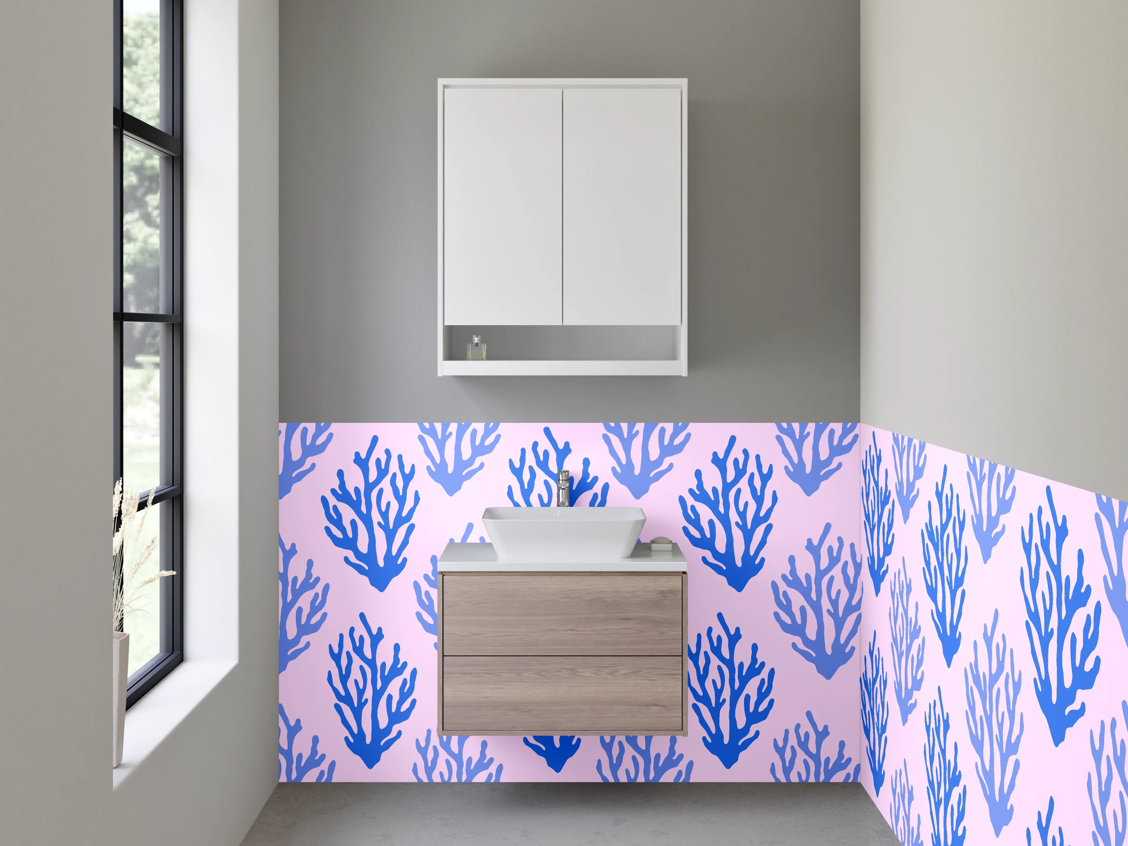 Waschbecken-Rückwand - Korallenmuster Blau auf Rosa