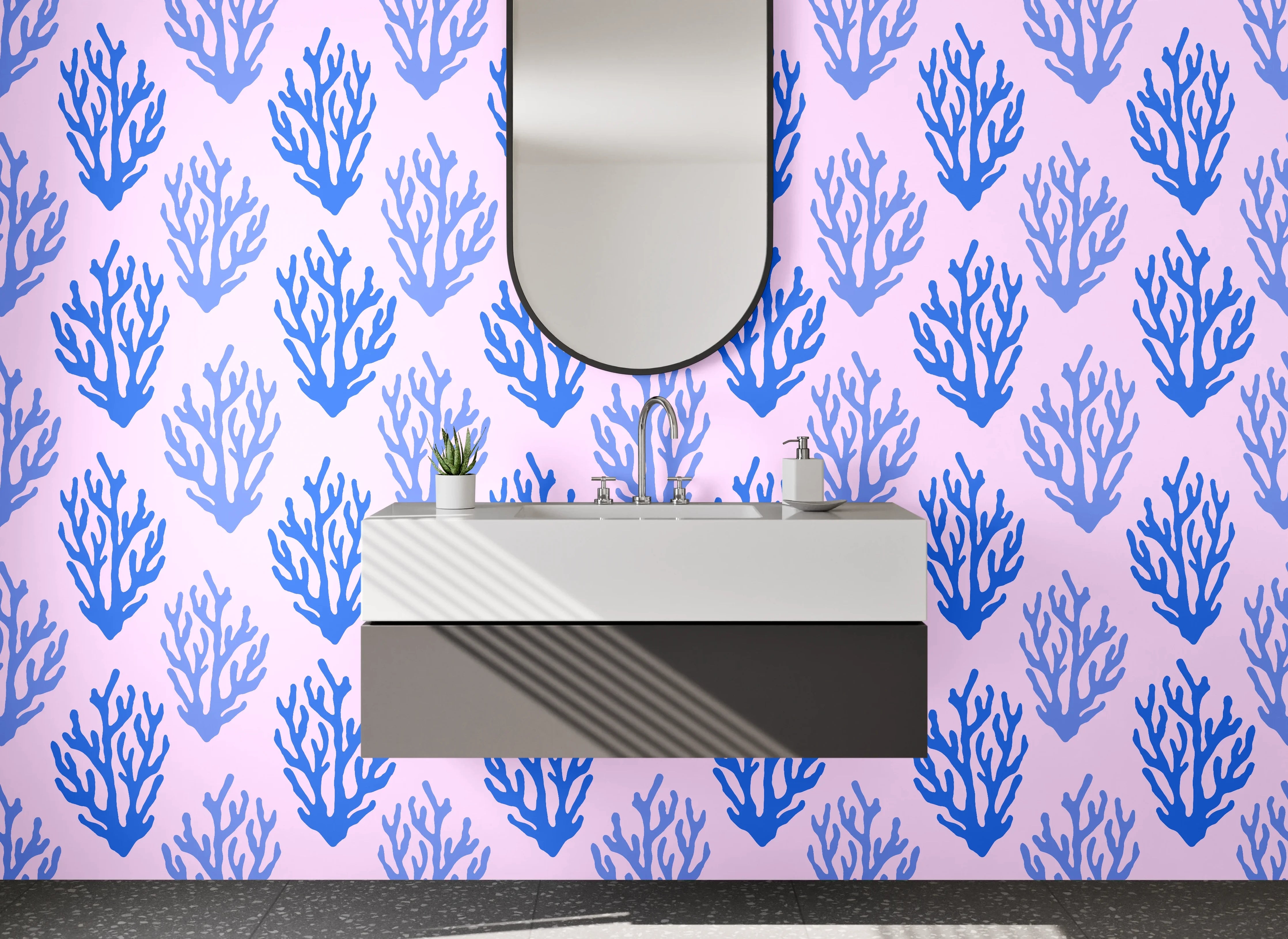 Waschbecken-Rückwand - Korallenmuster Blau auf Rosa