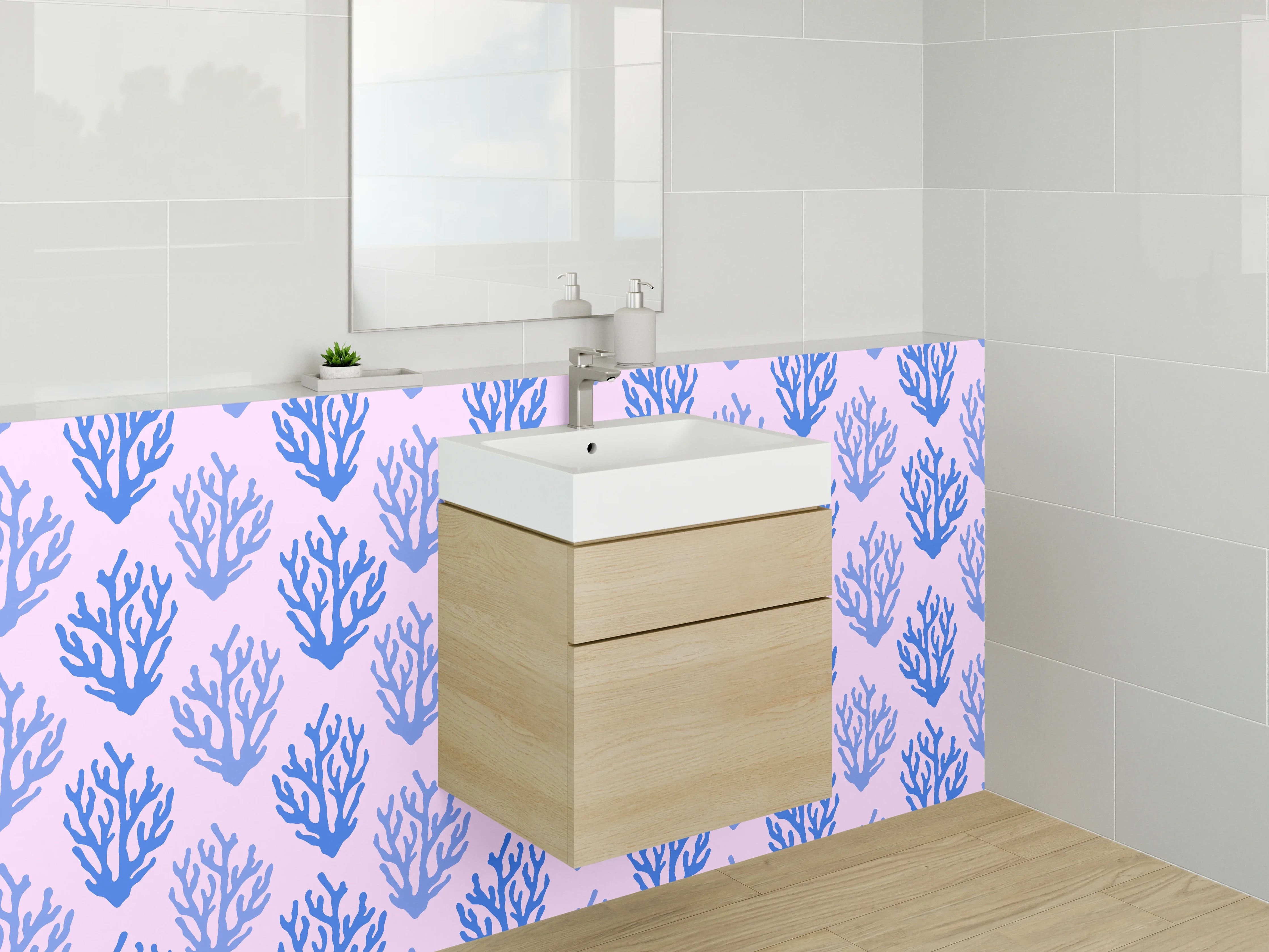 Waschbecken-Rückwand - Korallenmuster Blau auf Rosa