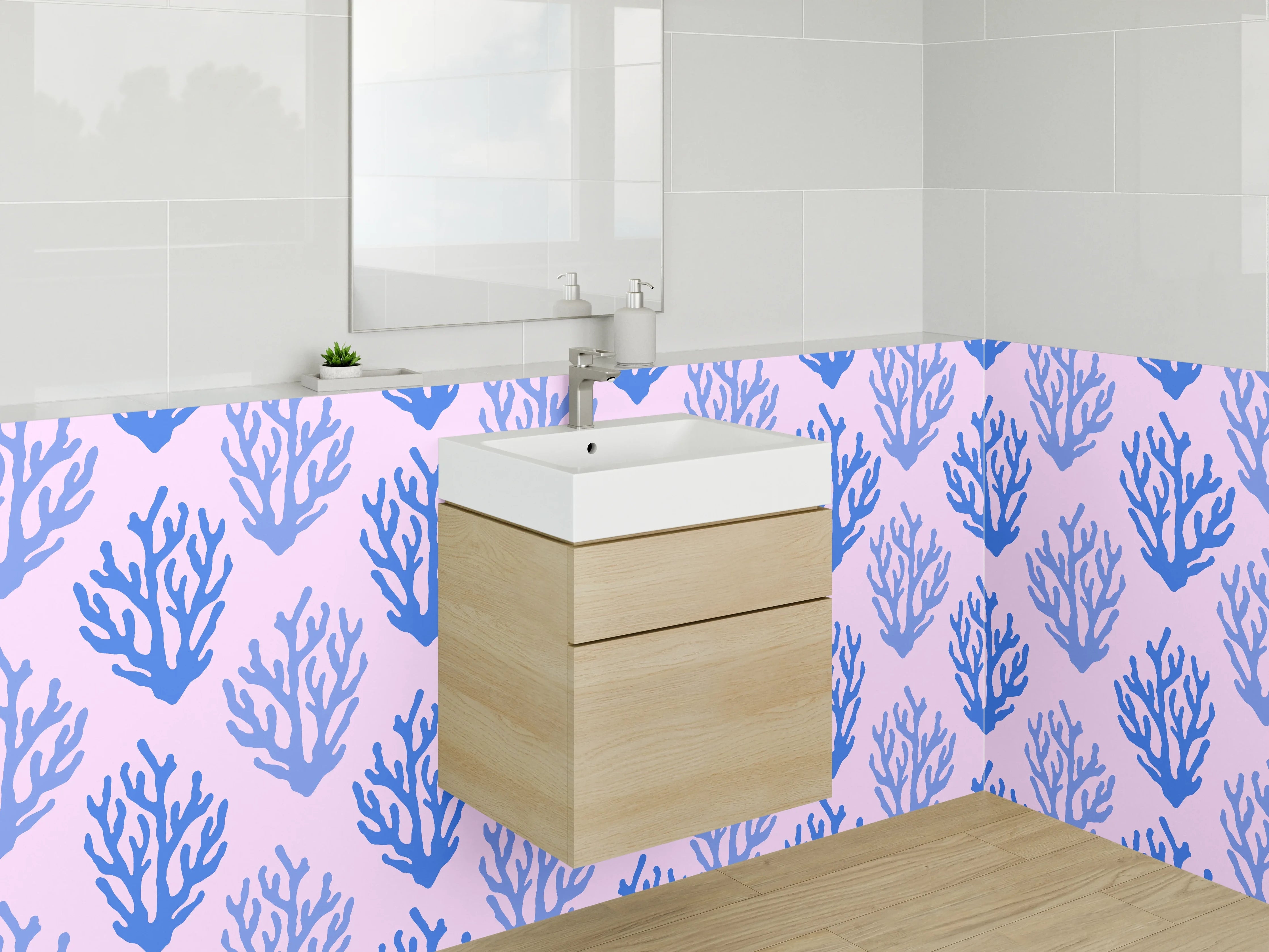 Waschbecken-Rückwand - Korallenmuster Blau auf Rosa