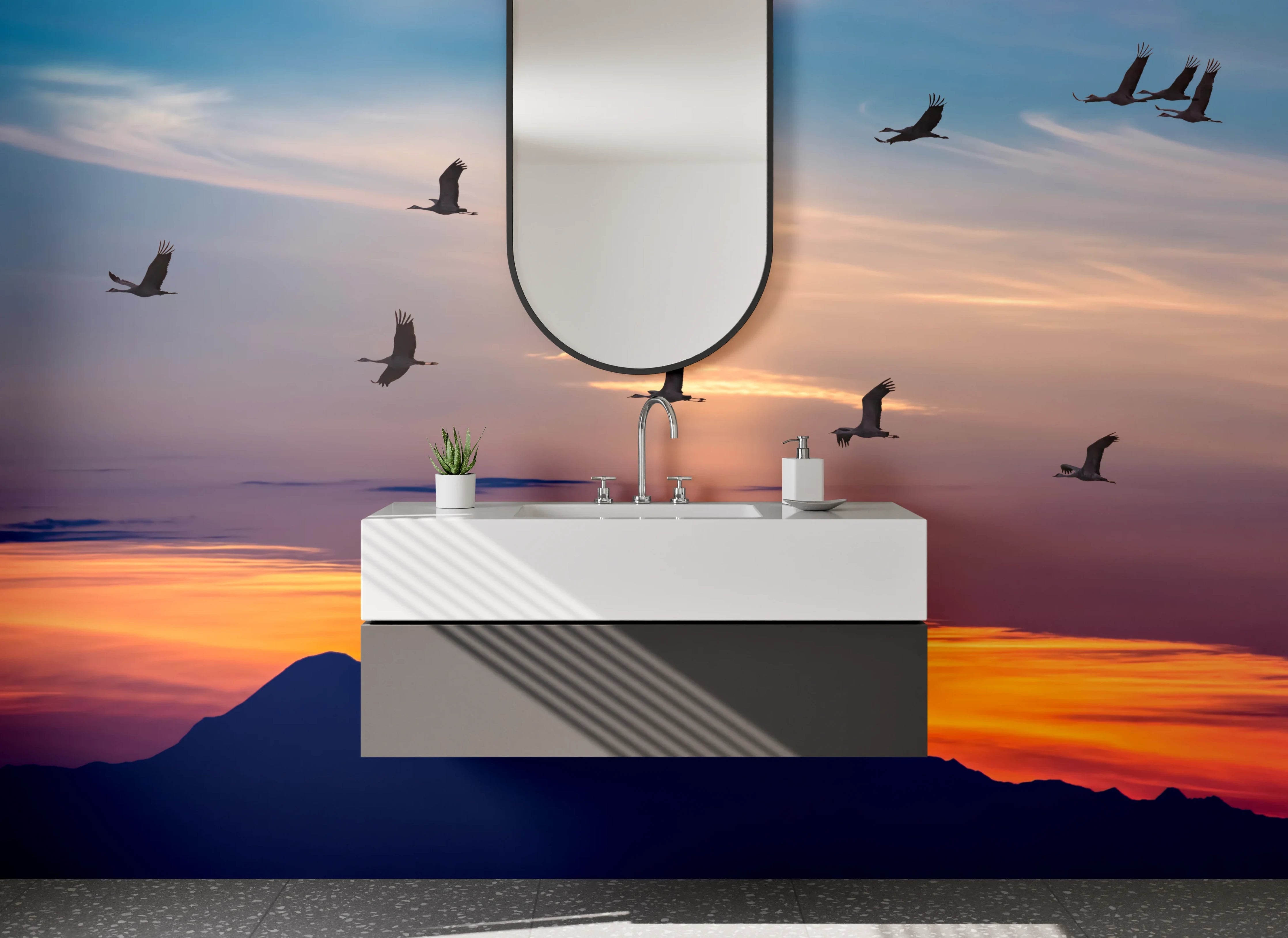 Waschbecken-Rückwand - Kraniche im Flug bei Sonnenuntergang