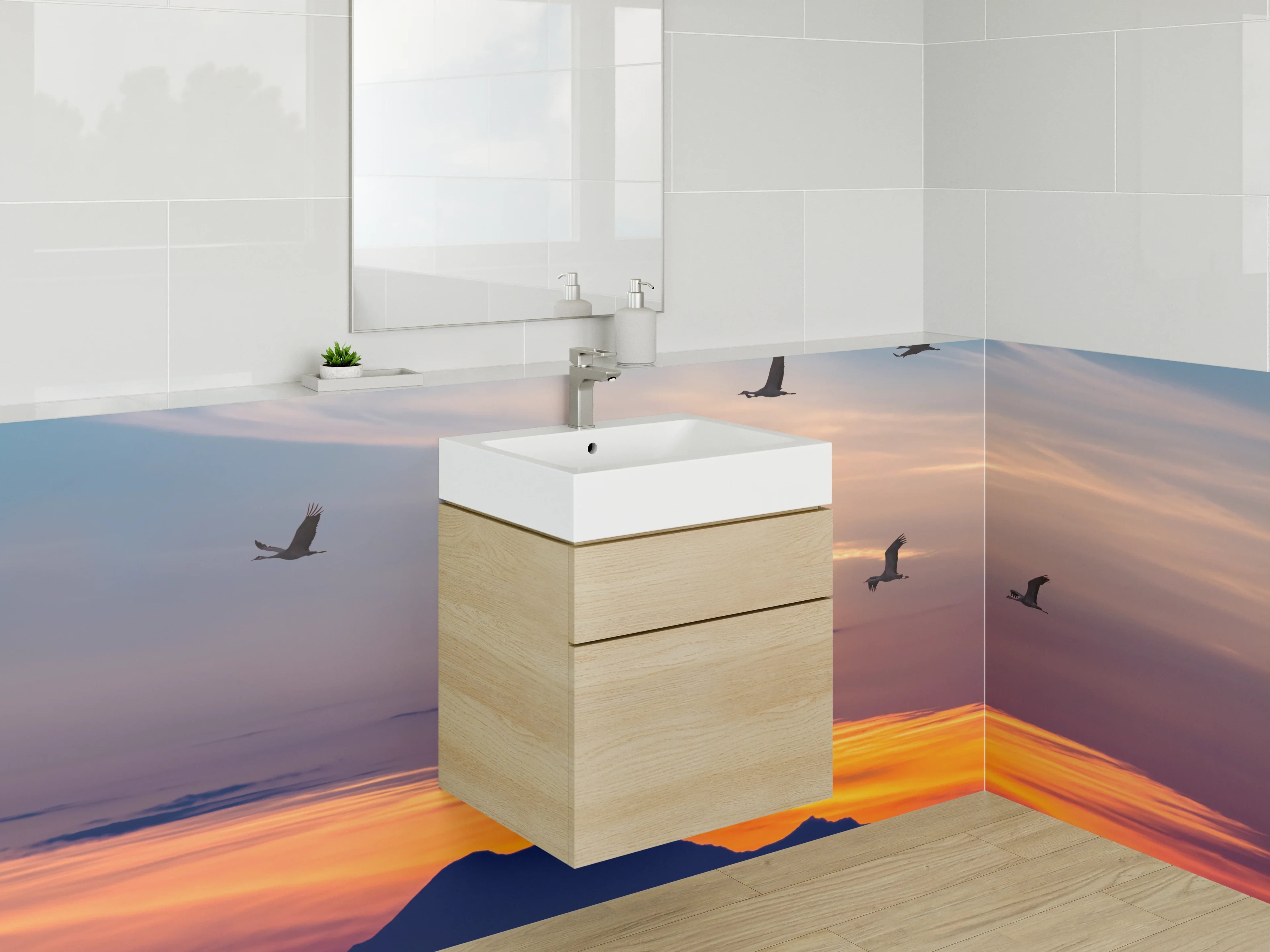 Waschbecken-Rückwand - Kraniche im Flug bei Sonnenuntergang