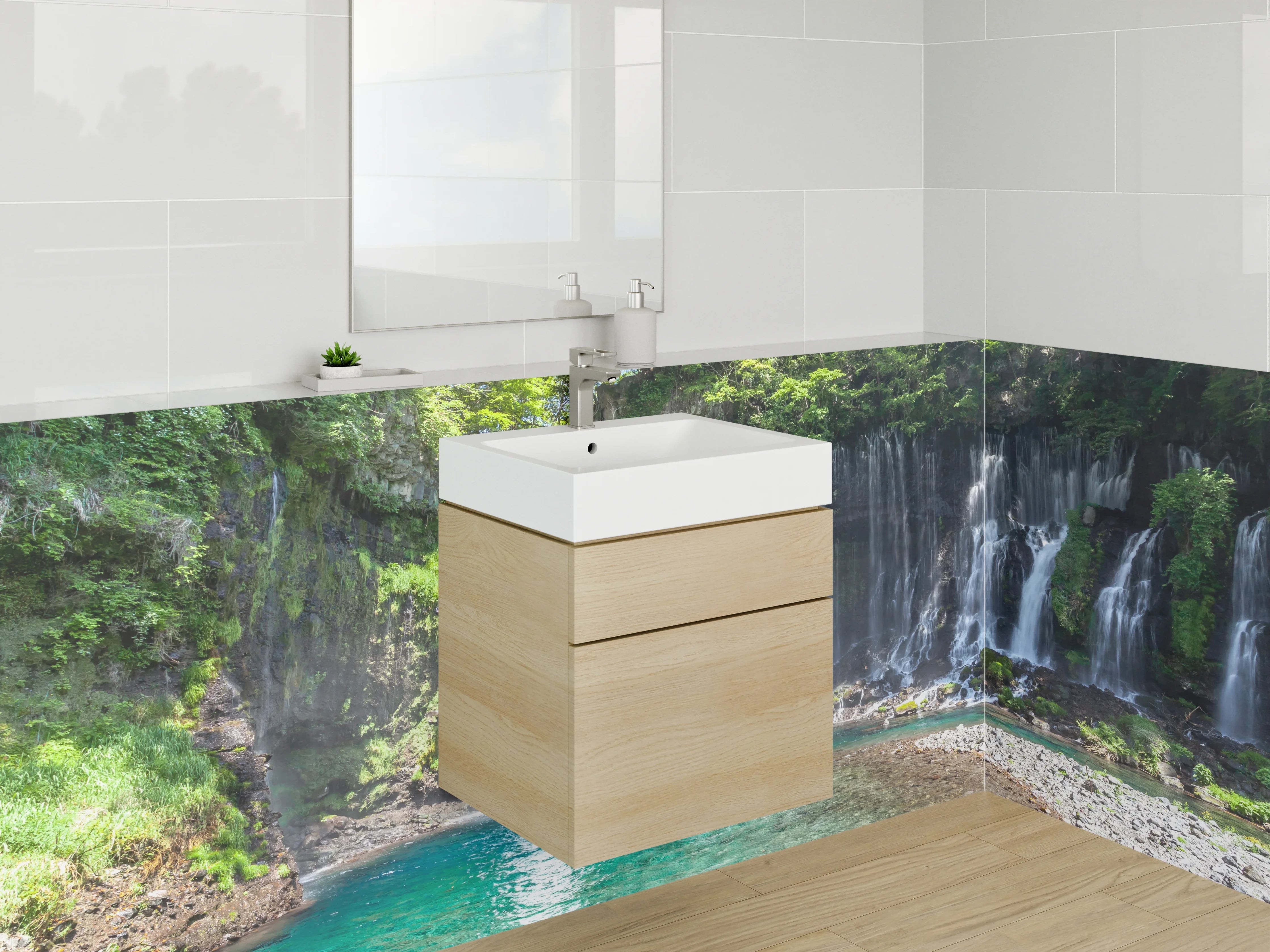 Waschbecken-Rückwand - Kristallklarer Wasserfall im grünen Wald