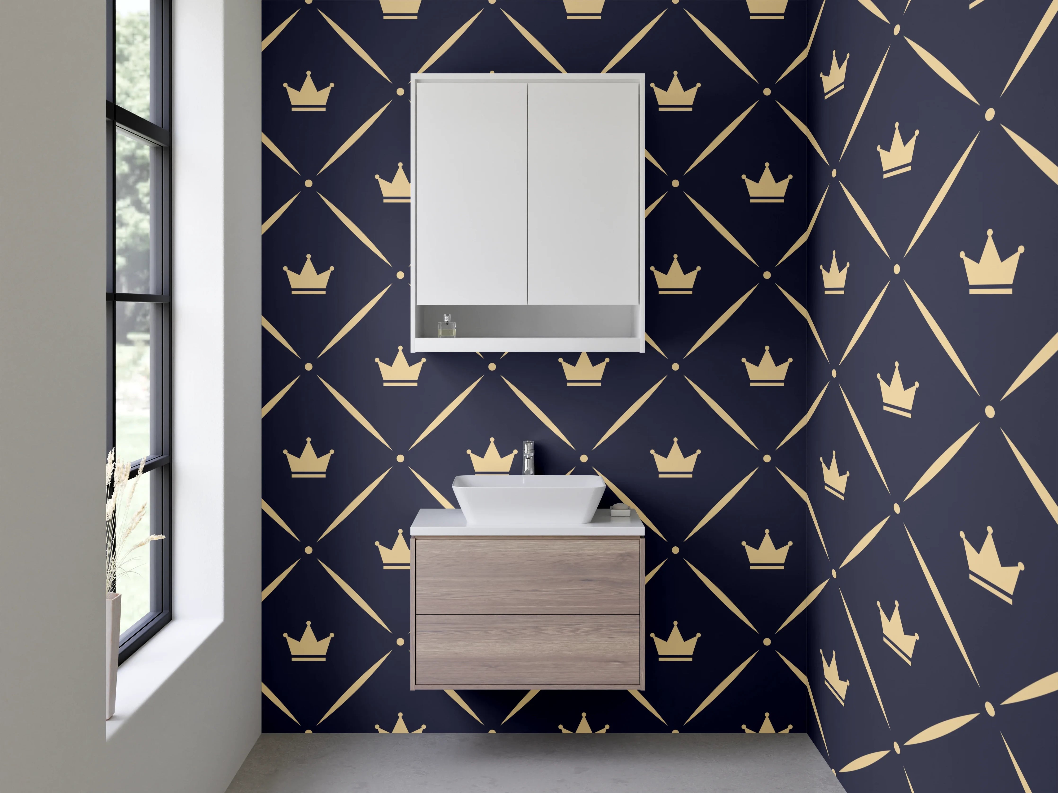 Waschbecken-Rückwand - Krönchen-Muster Dunkelblau Gold