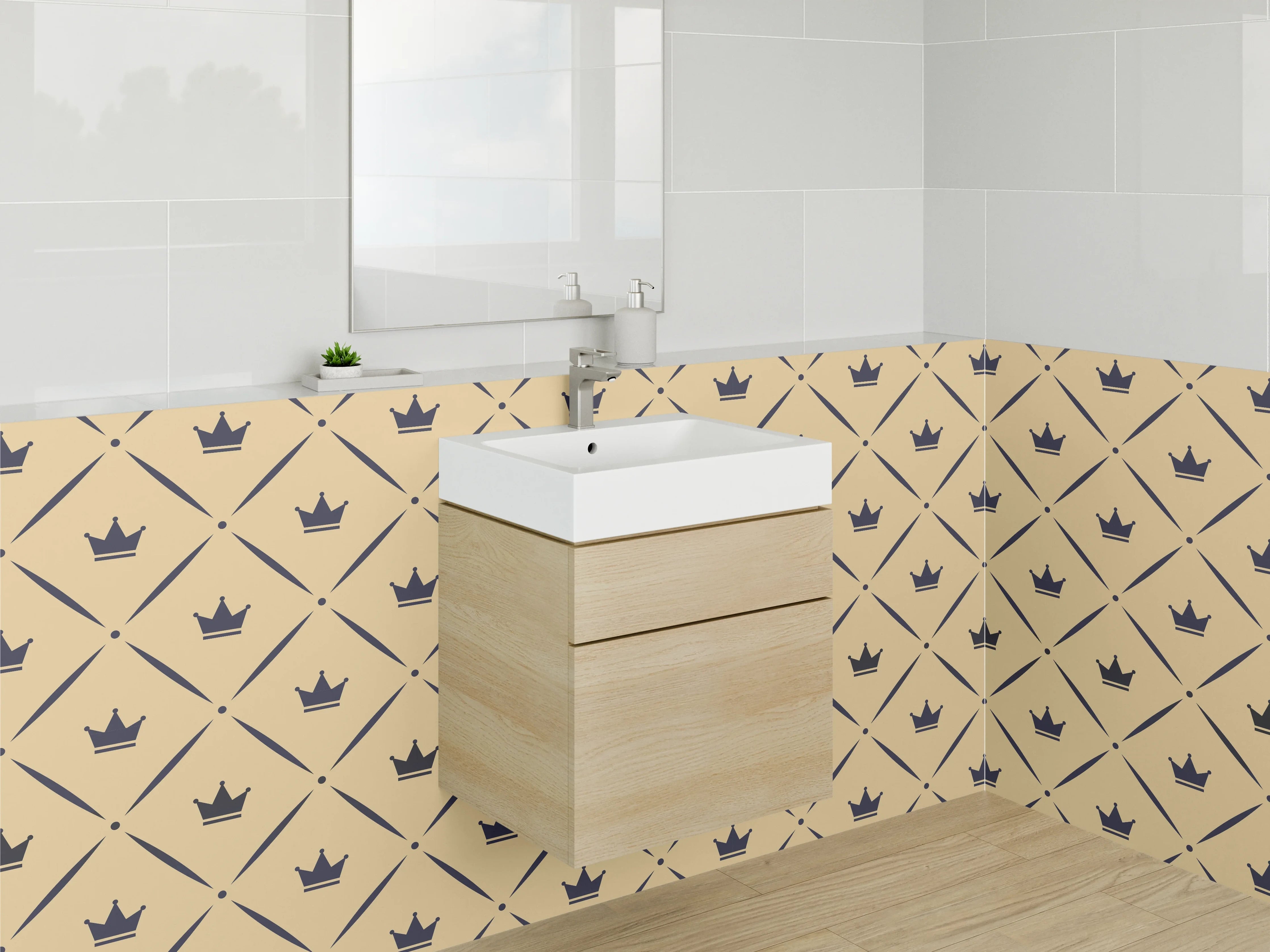 Waschbecken-Rückwand - Krönchen Muster Fliesenoptik Beige Schwarz