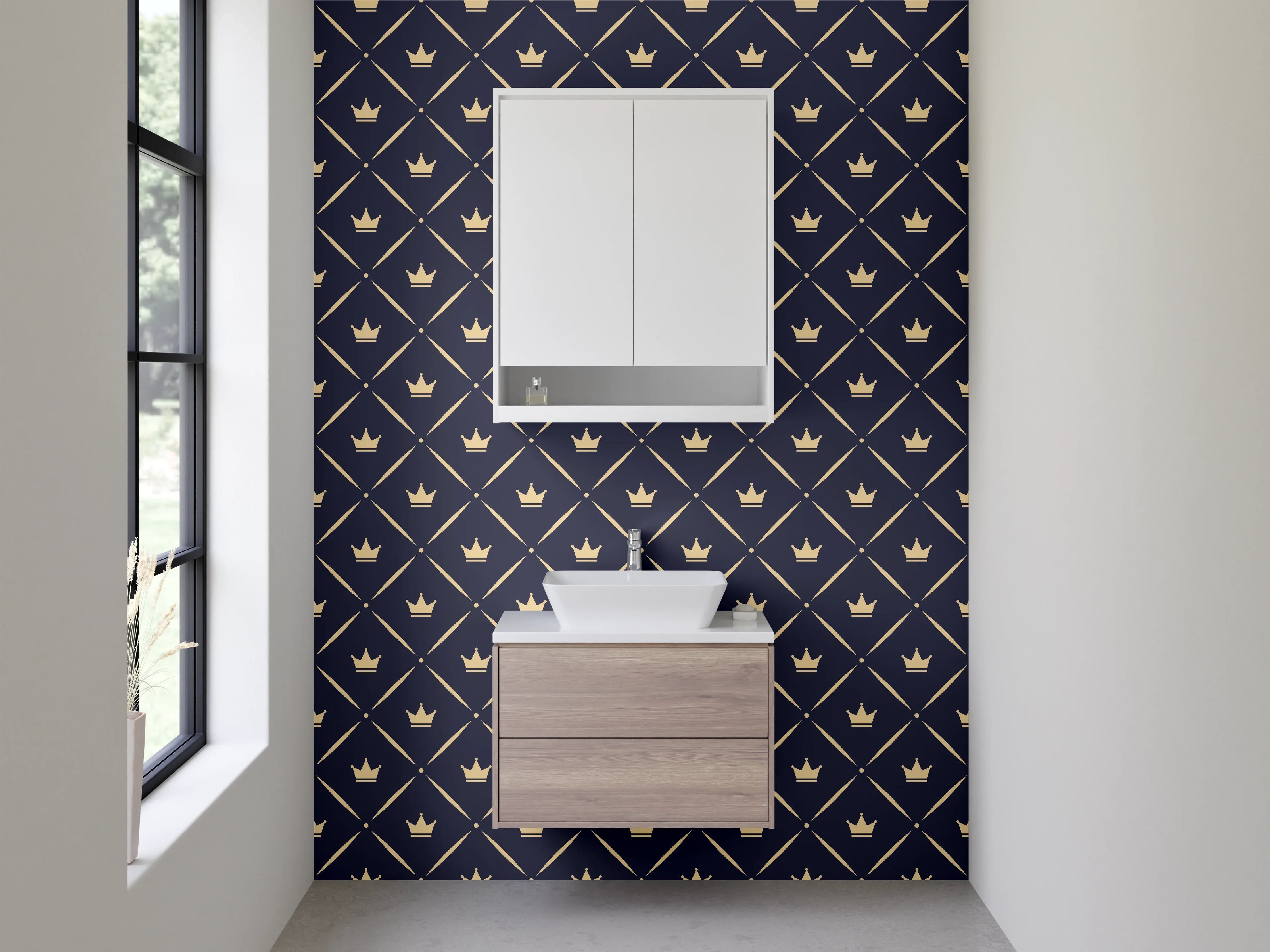 Waschbecken-Rückwand - Kronenmuster Dunkelblau Gold Modern