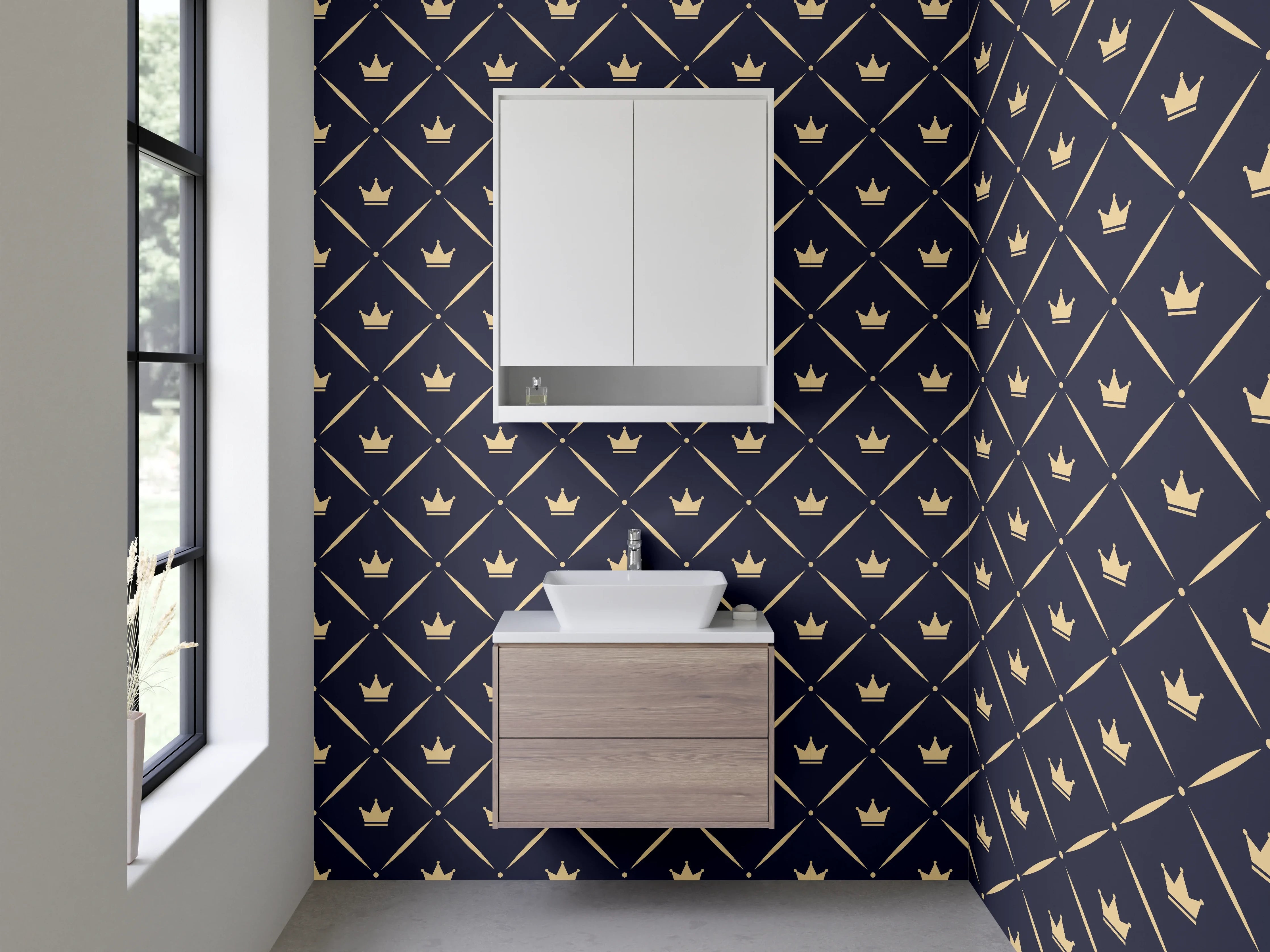 Waschbecken-Rückwand - Kronenmuster Dunkelblau Gold Modern