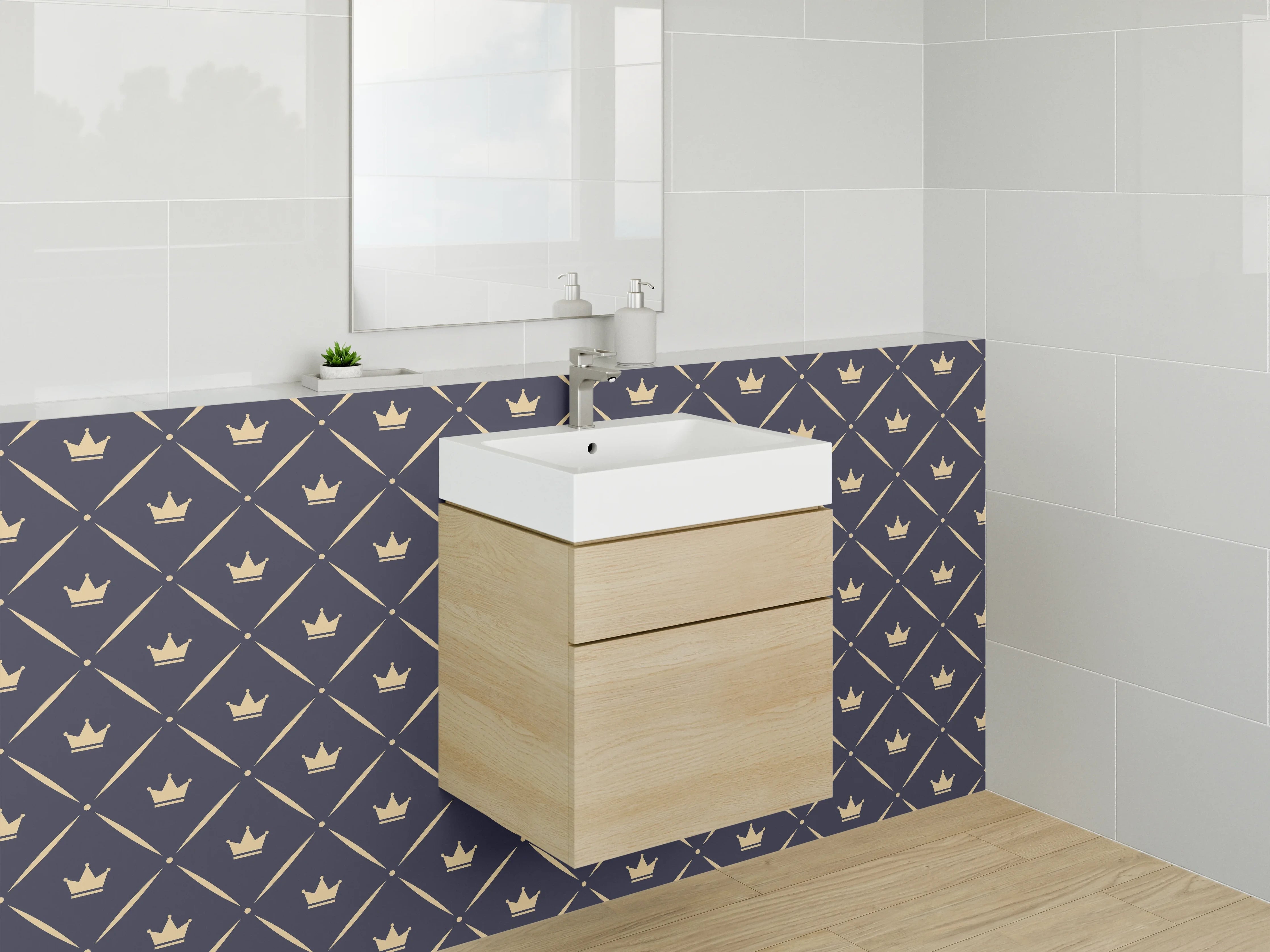 Waschbecken-Rückwand - Kronenmuster Dunkelblau Gold Modern