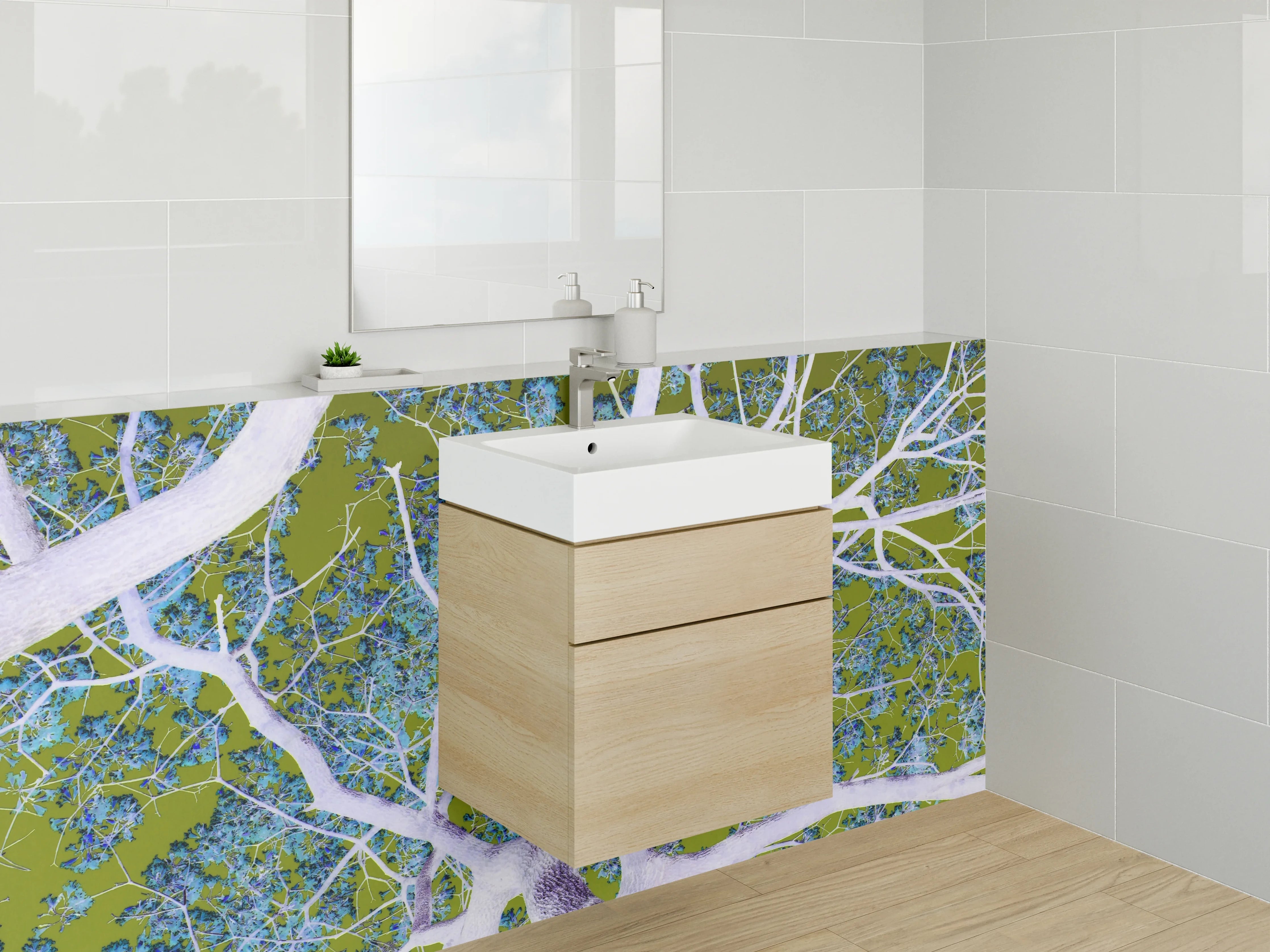 Waschbecken-Rückwand - Künstlerische Baumstruktur in Blau und Grün