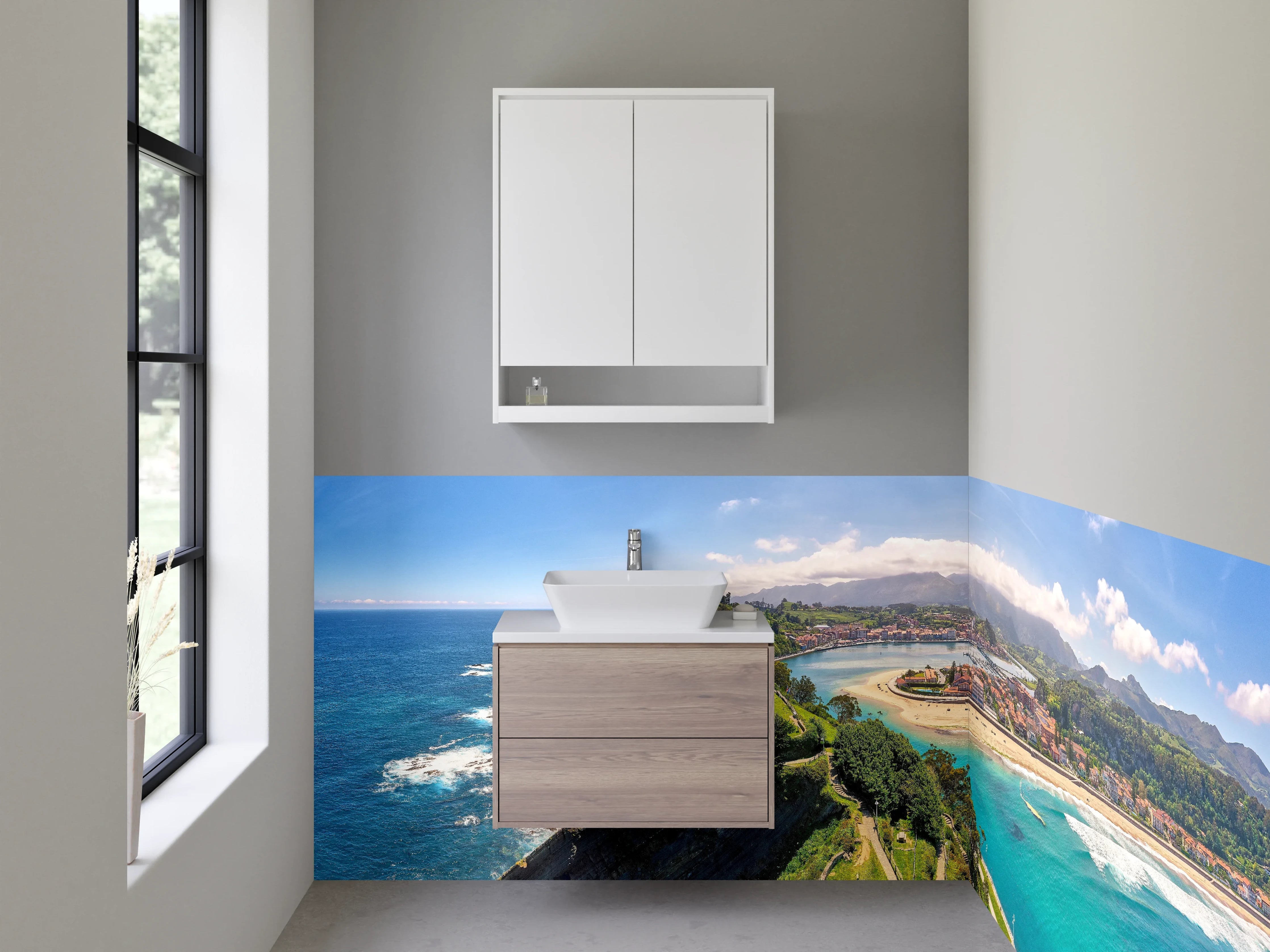 Waschbecken-Rückwand - Küstenblick mit Klippen und Meer