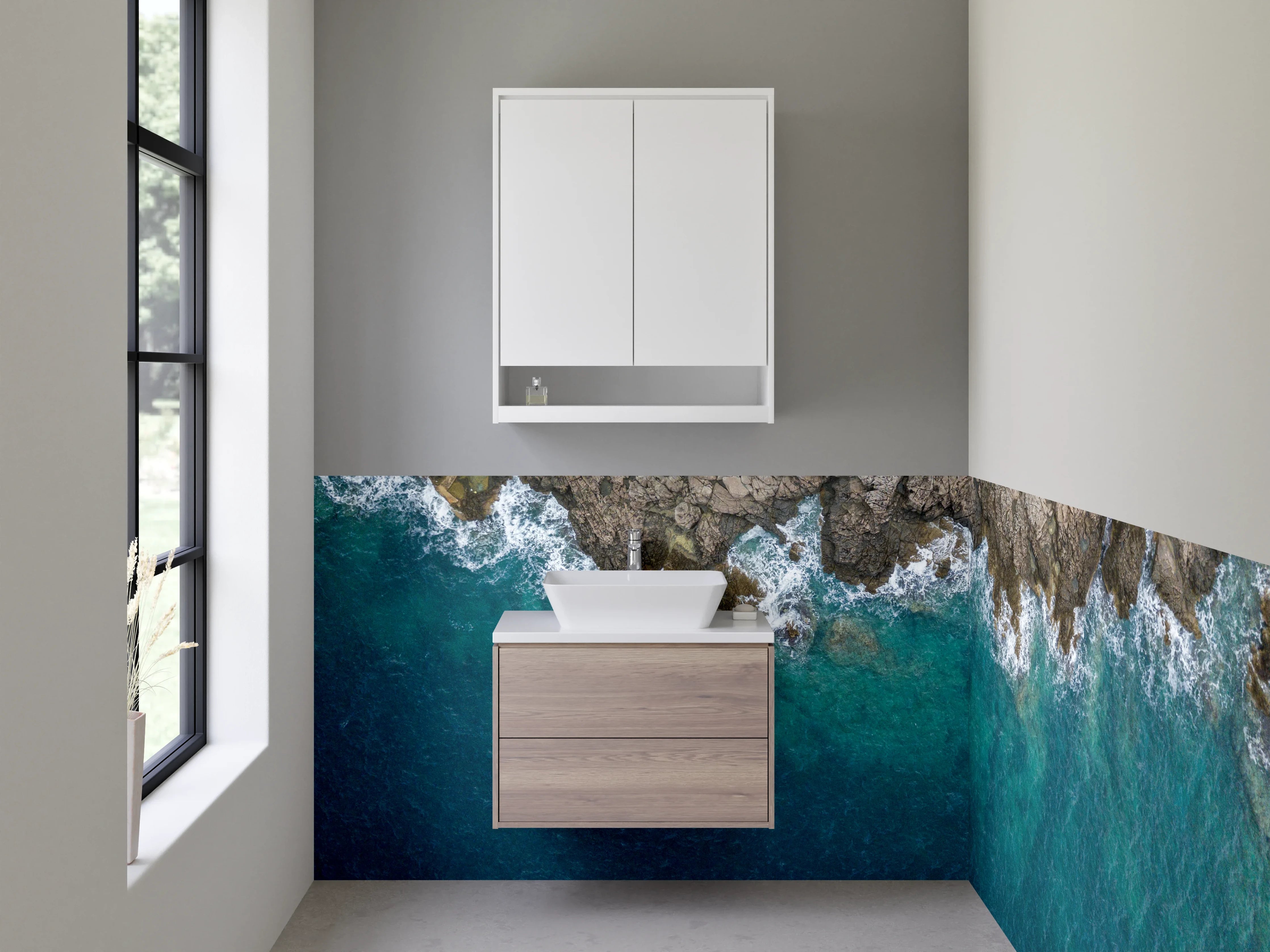 Waschbecken-Rückwand - Küstenlinie mit Felsen und Meer