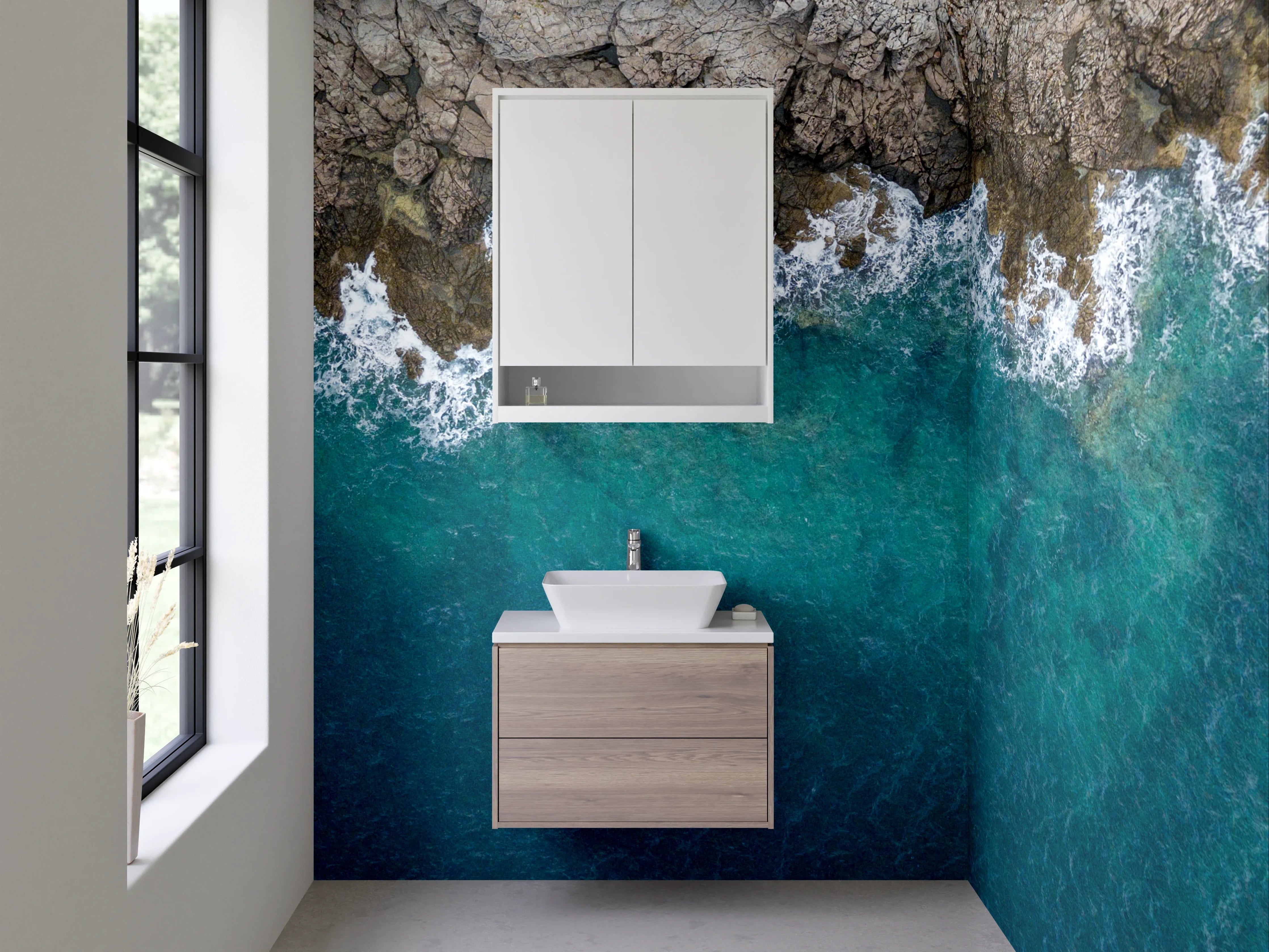 Waschbecken-Rückwand - Küstenlinie mit Felsen und Meer