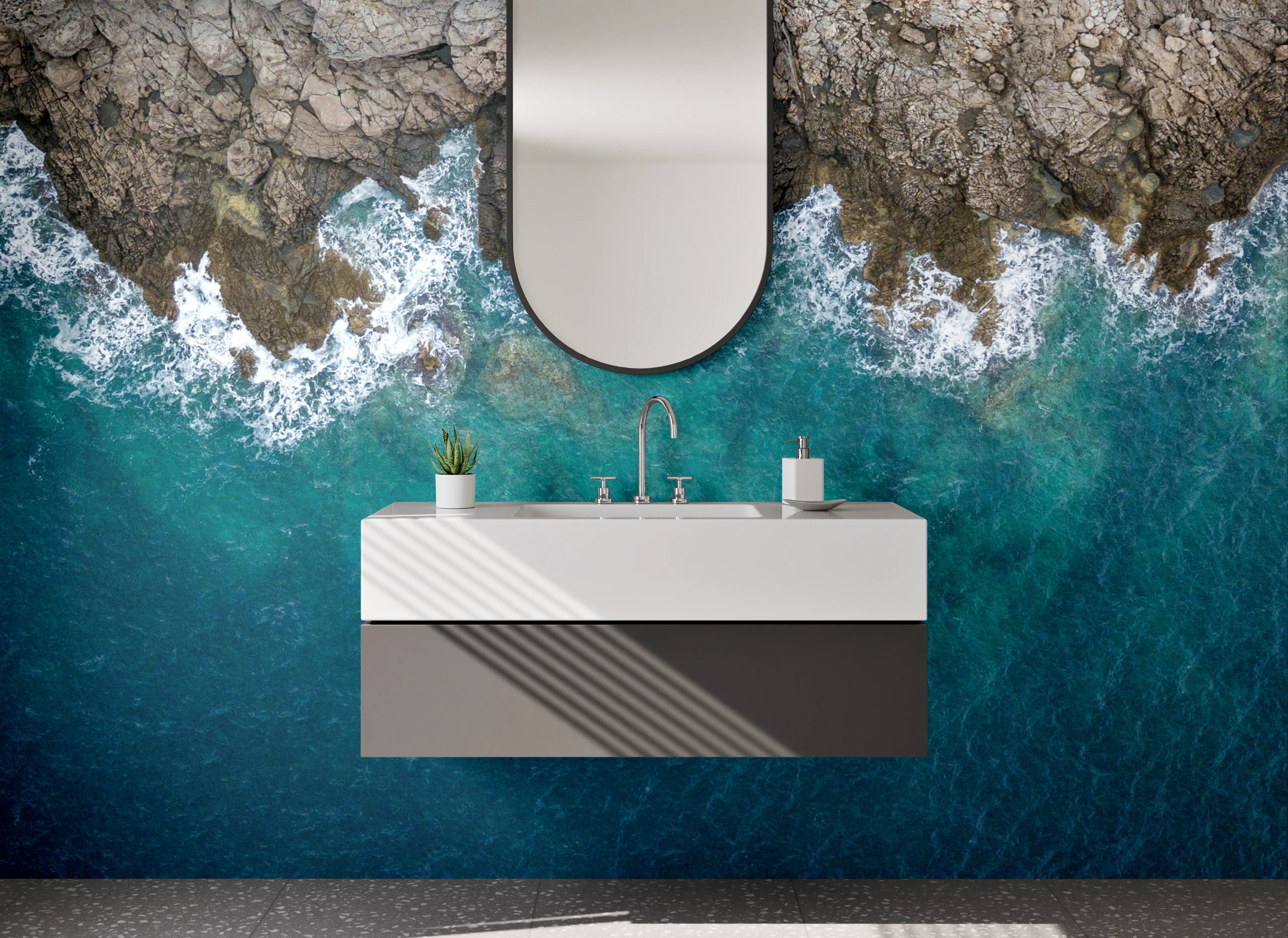 Waschbecken-Rückwand - Küstenlinie mit Felsen und Meer