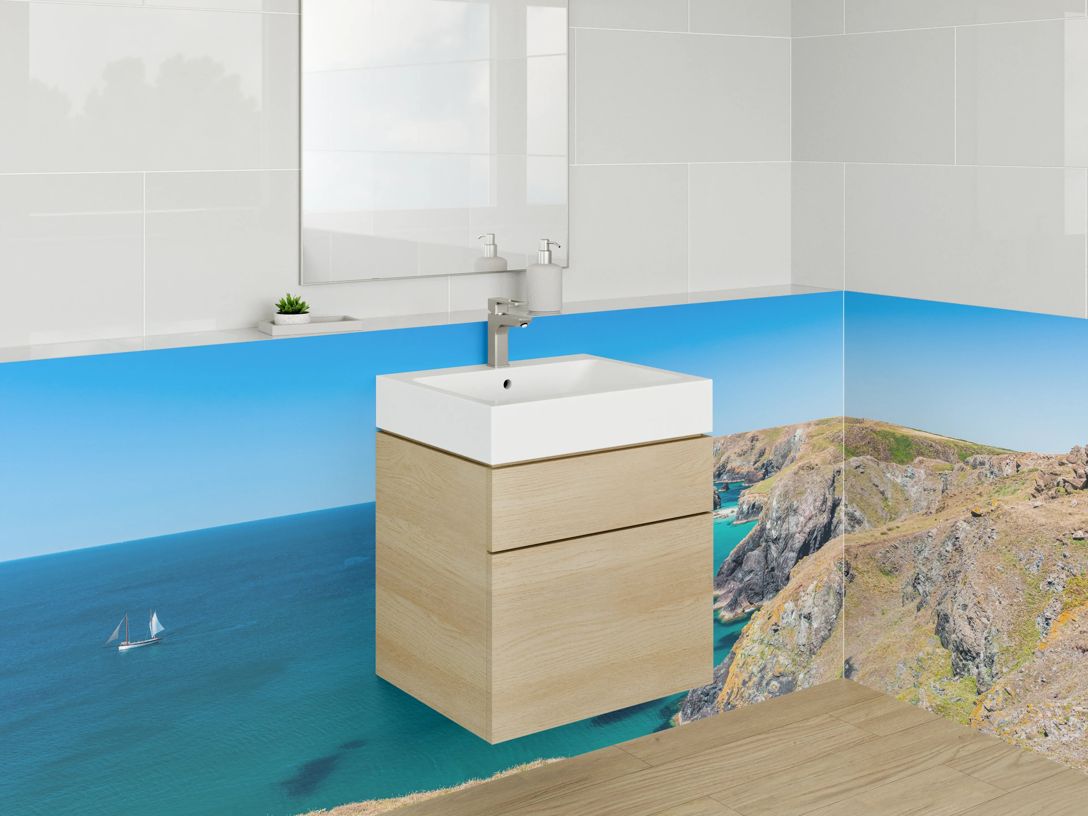 Waschbecken-Rückwand - Küstenpanorama mit türkisblauem Meer