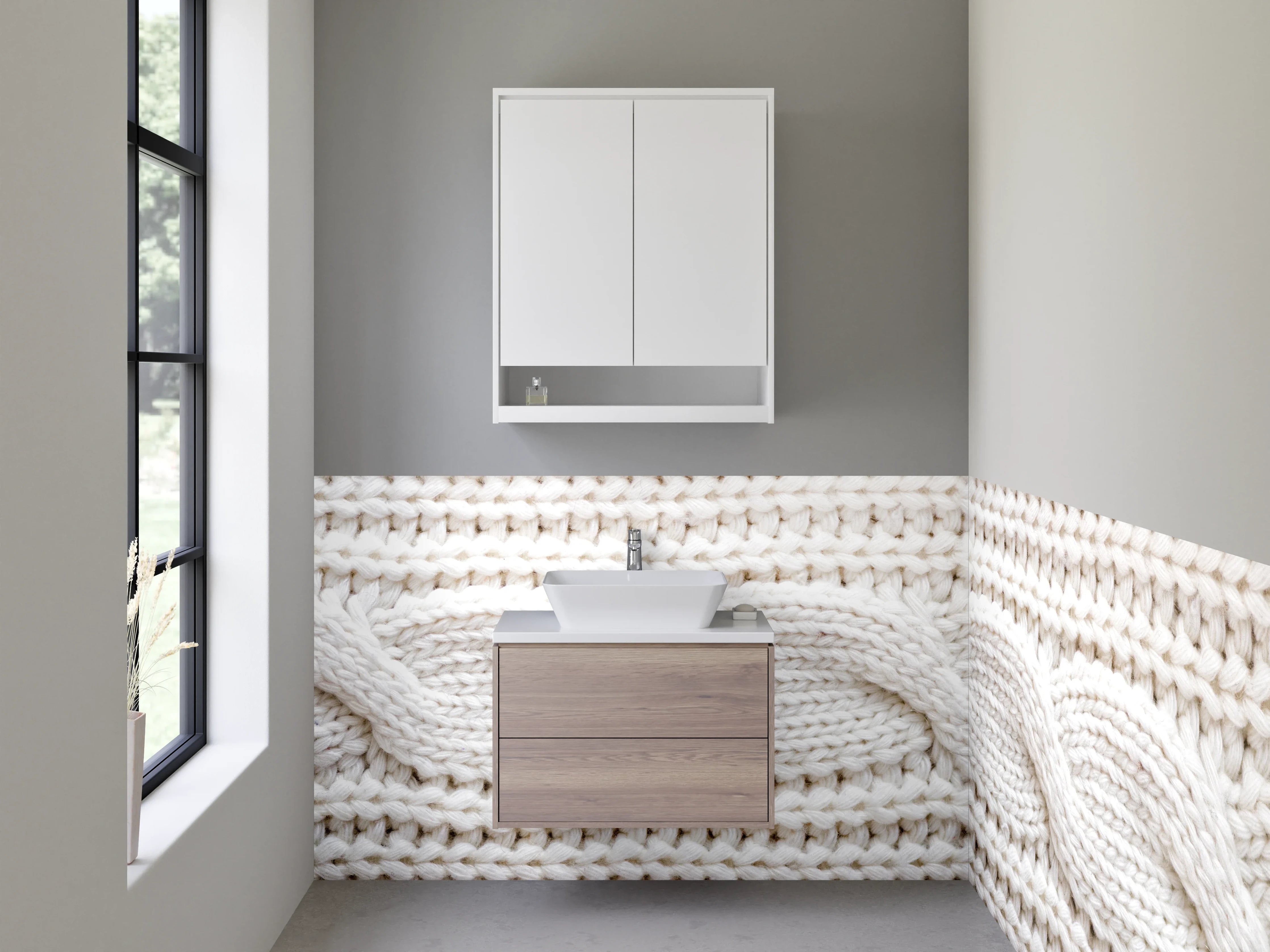 Waschbecken-Rückwand - Kunstvolle Strickmuster in Beige und Weiß