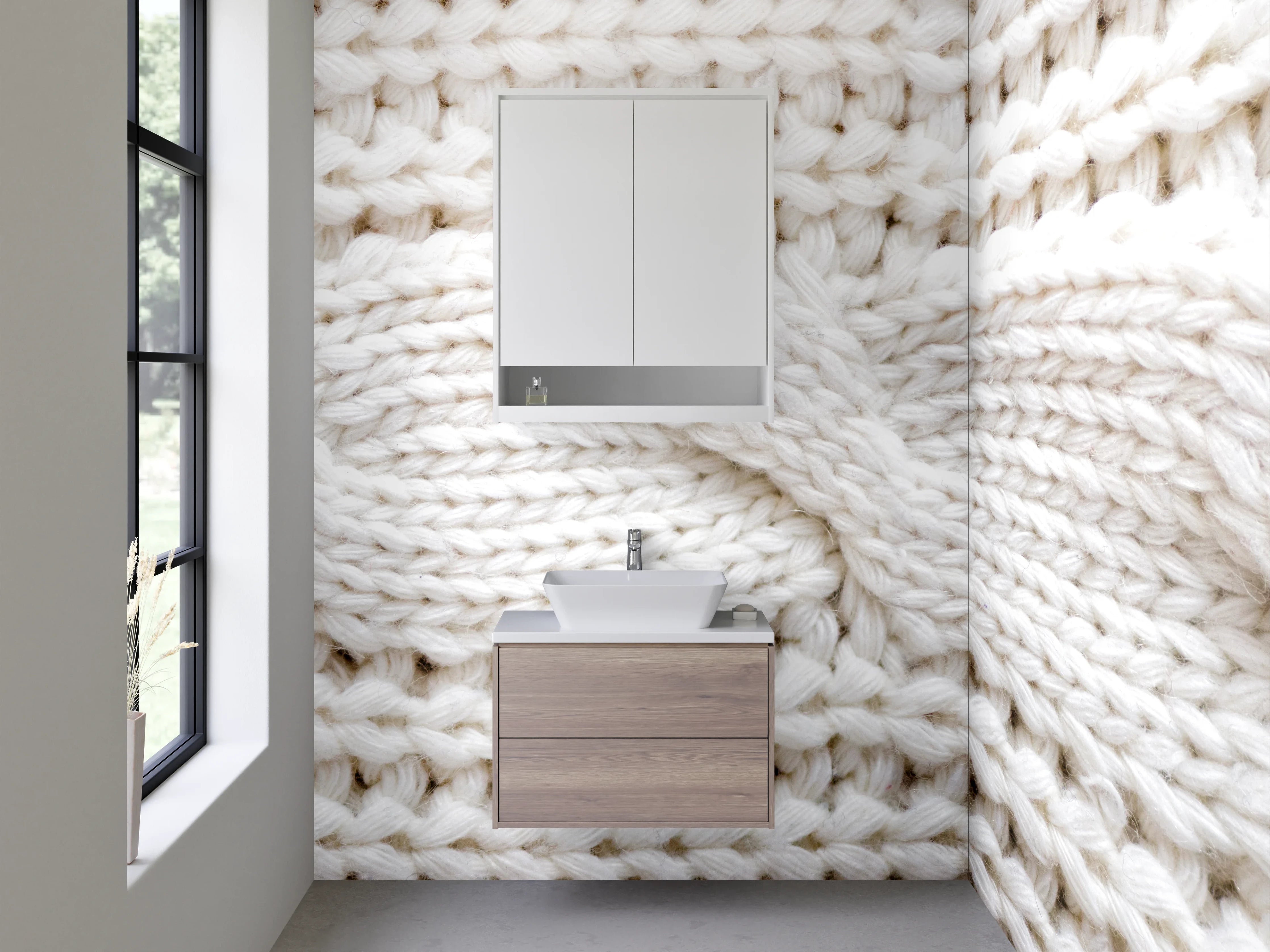 Waschbecken-Rückwand - Kunstvolle Strickmuster in Beige und Weiß