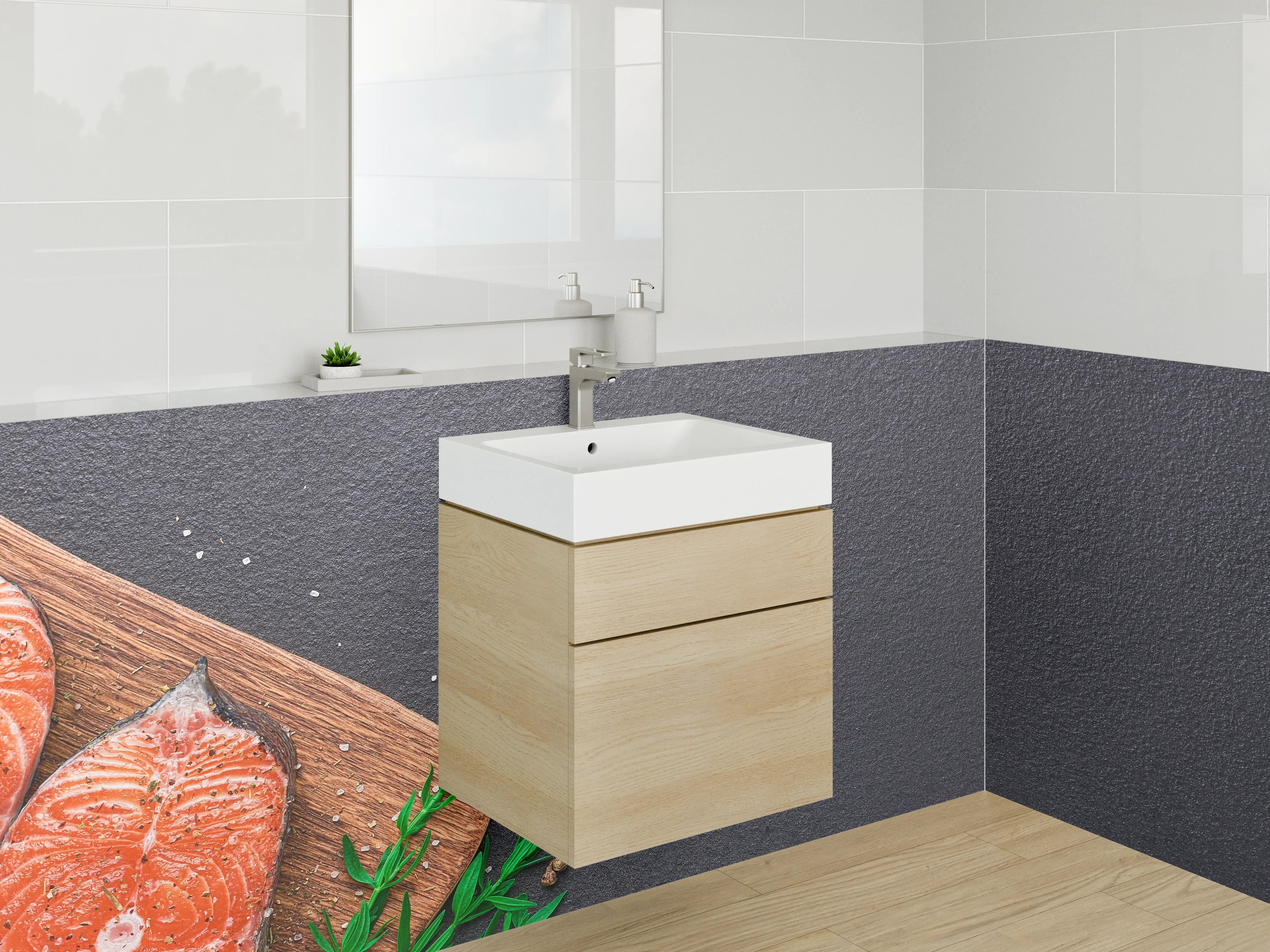Waschbecken-Rückwand - Lachsfilets auf dunkler Küchenfläche