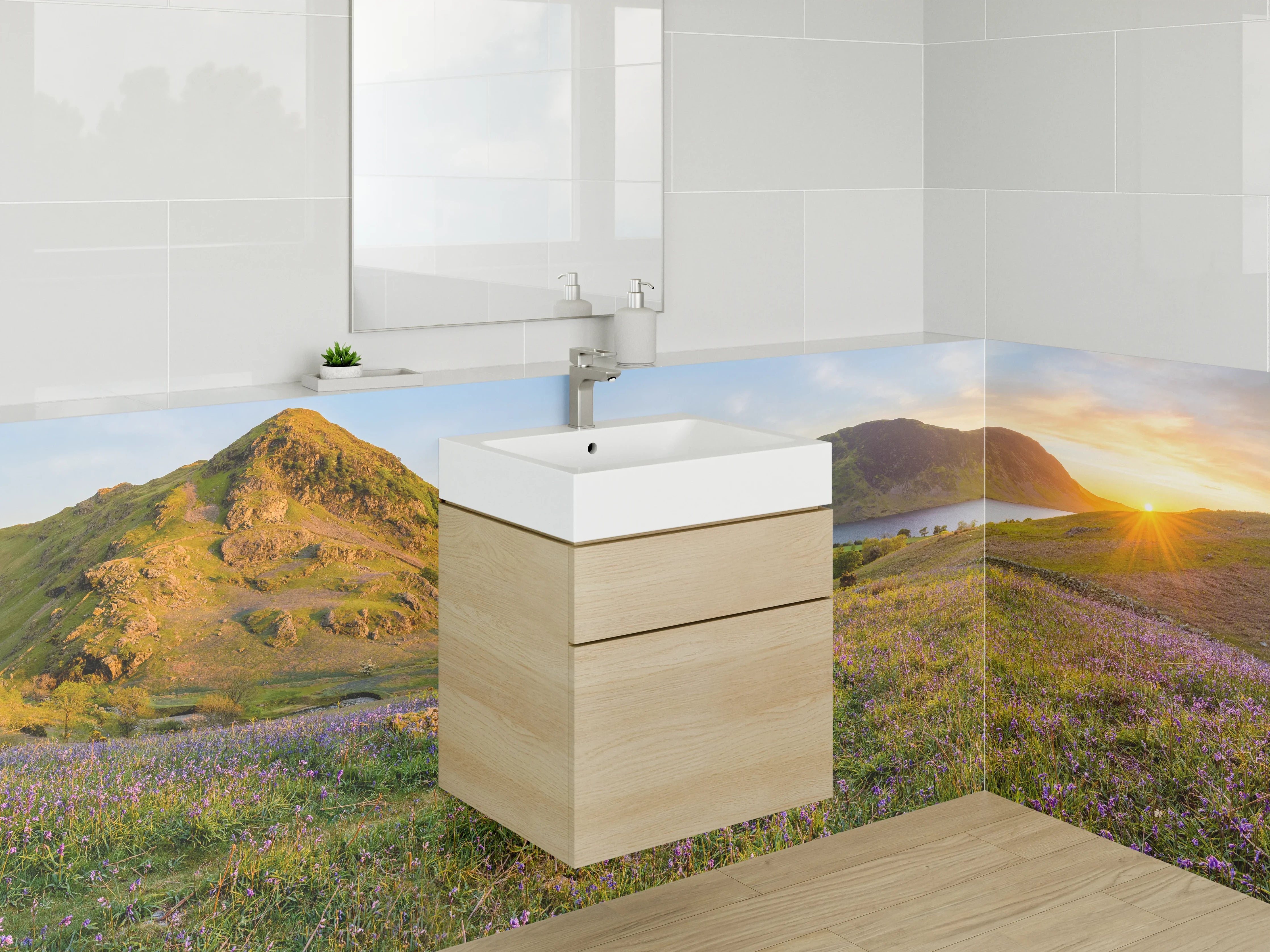 Waschbecken-Rückwand - Landschaft mit blühendem Feld und Bergen bei Sonnenuntergang