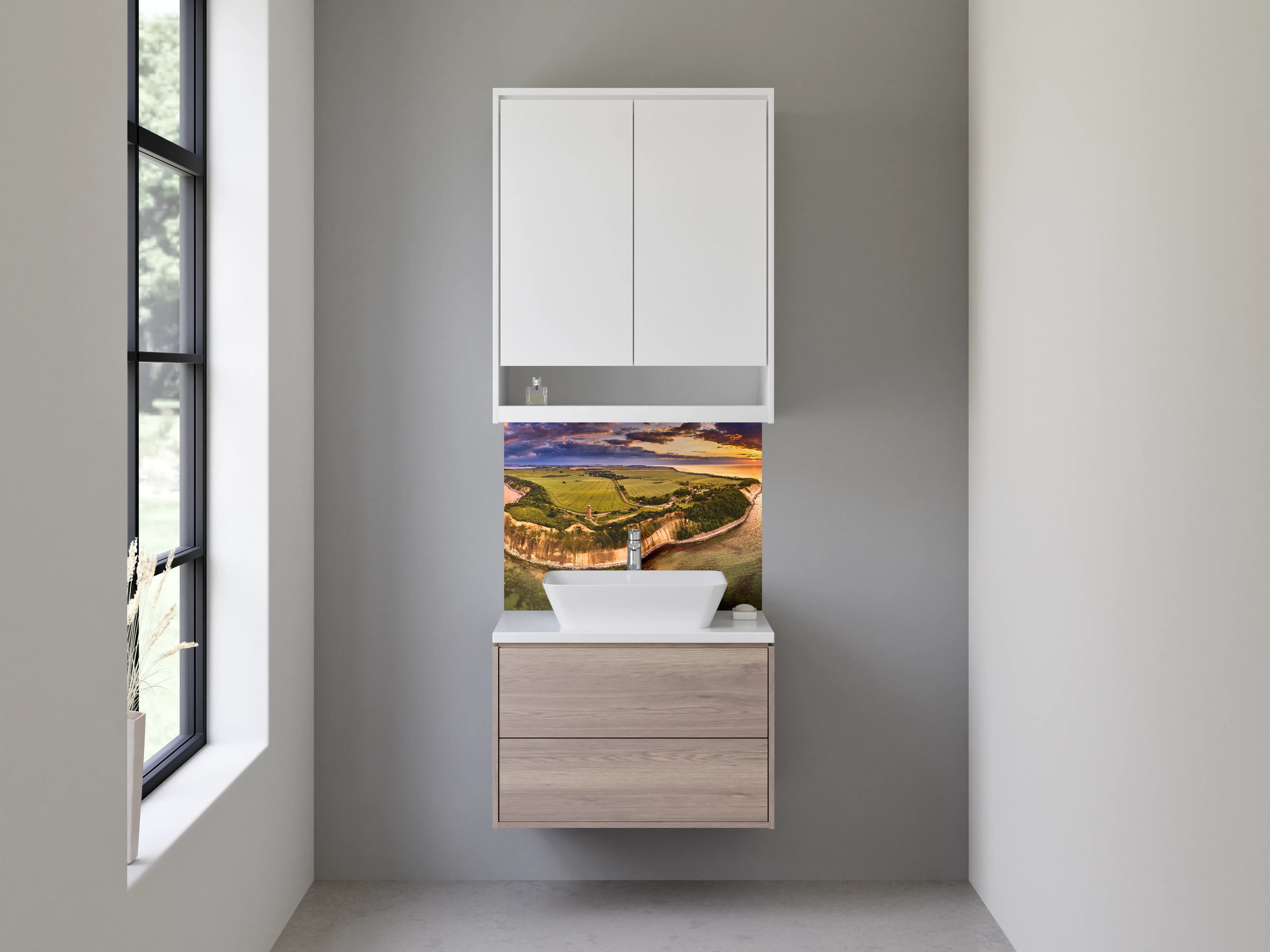 Waschbecken-Rückwand - Landschaftliche Kliffs mit Blick auf das Meer bei Sonnenuntergang